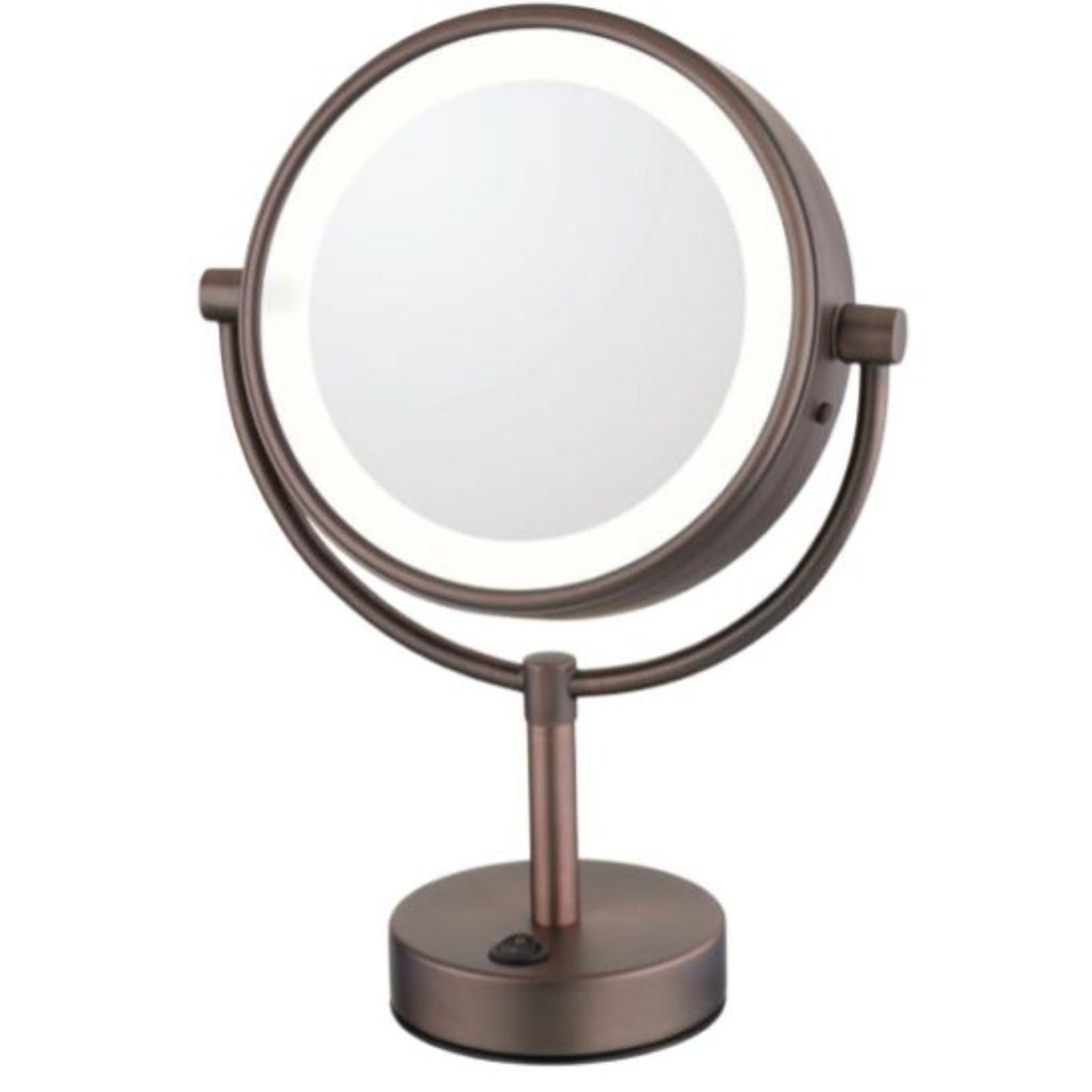 Aptations, Aptations Kimball & Young 9" x 15" Italian Bronze Freestanding Round NeoModern Plugin 1X/5X Magnified Mirror With 3,500K Warm White LED Light Color