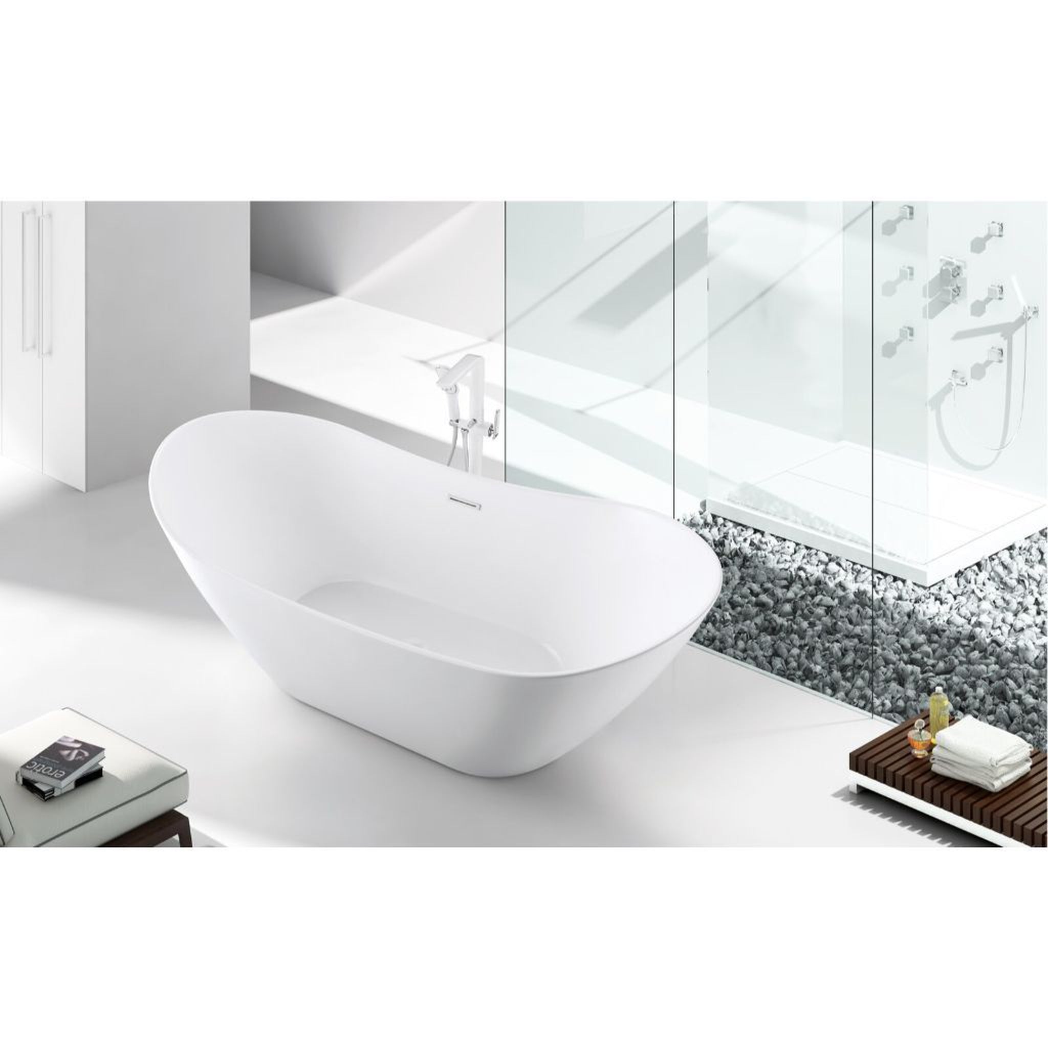 Aquareasons, Aquareasons 67’’ White Acrylic Ultra-Thin Rim Design Freestanding Soaking Bathtub With Drainer and Overflow