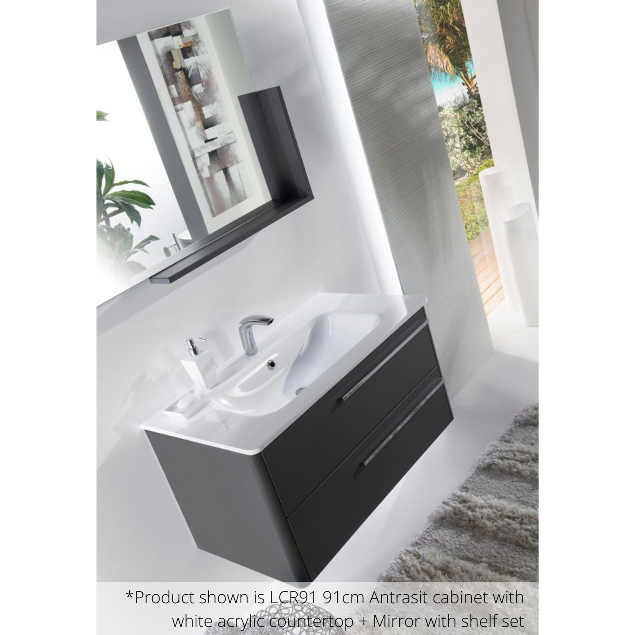 Armadi Art, Armadi Art Moderno Luce 28” x 20” Antrasit Vanity With White Acrylic Countertop and Mirror With Shelf