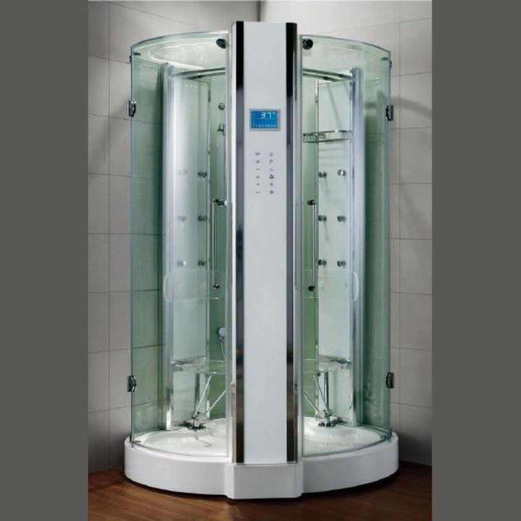 Athena, Athena 47" x 47" x 89" Two Person Corner Steam Shower With Dual Hinged Doors 12 Massage Jets & LED Chromatherapy Lighting