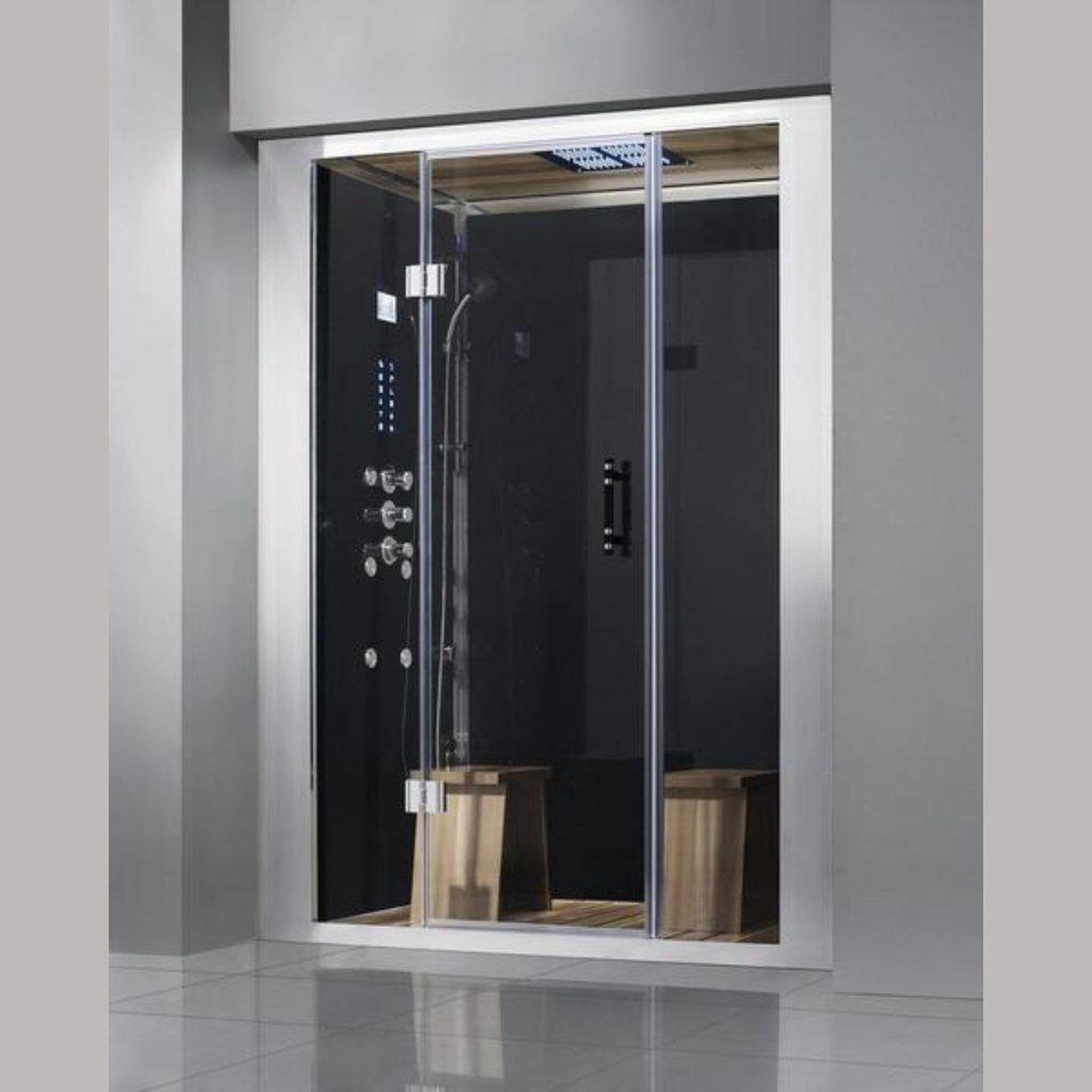 Athena, Athena 59" x 36" x 87" Two Person Framed Black Colored Rectangle Steam Shower With Sliding Doors 12 Massage Jets & LED Chromatherapy Lighting