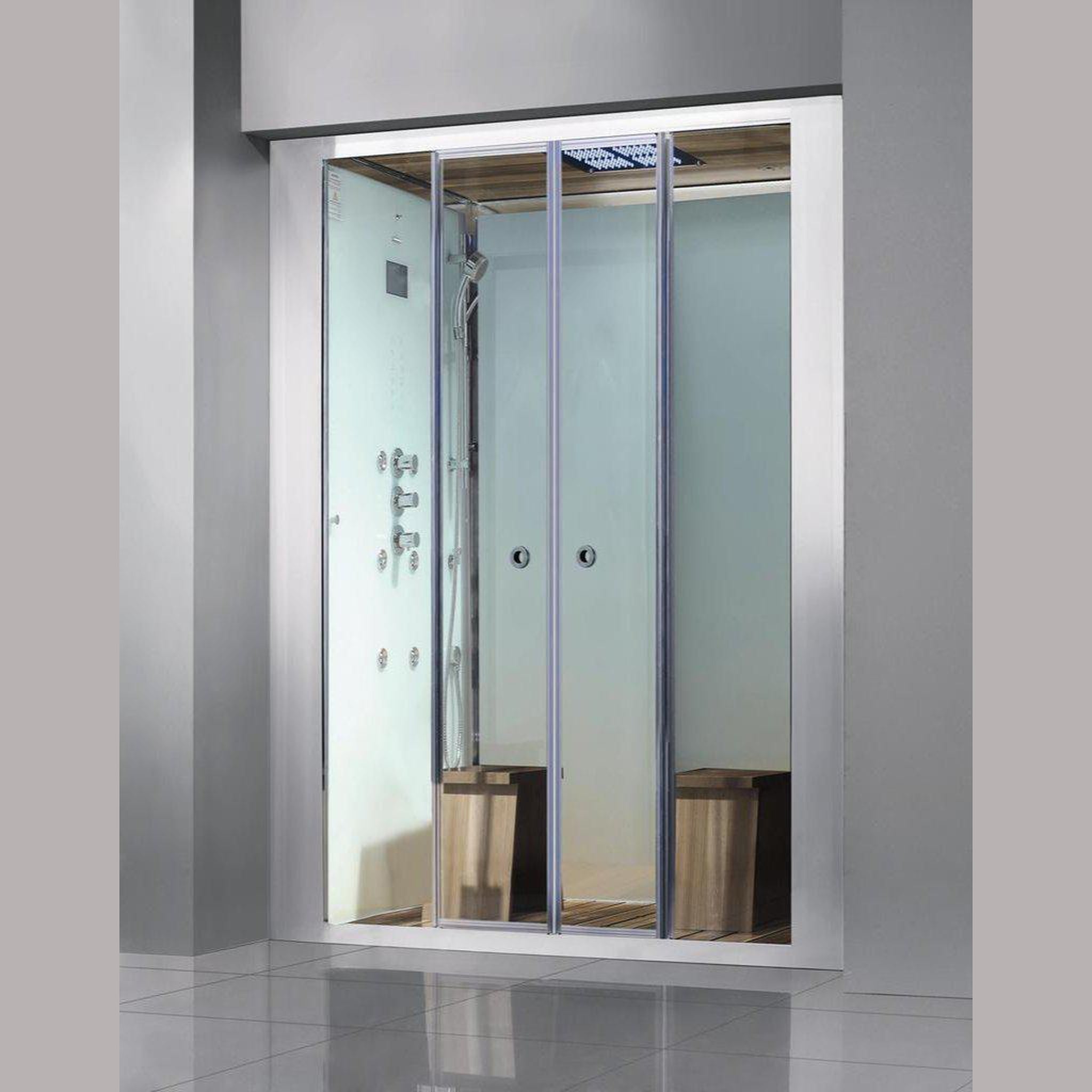 Athena, Athena 59" x 36" x 87" Two Person Framed White Colored Rectangle Steam Shower With Sliding Doors 12 Massage Jets & LED Chromatherapy Lighting