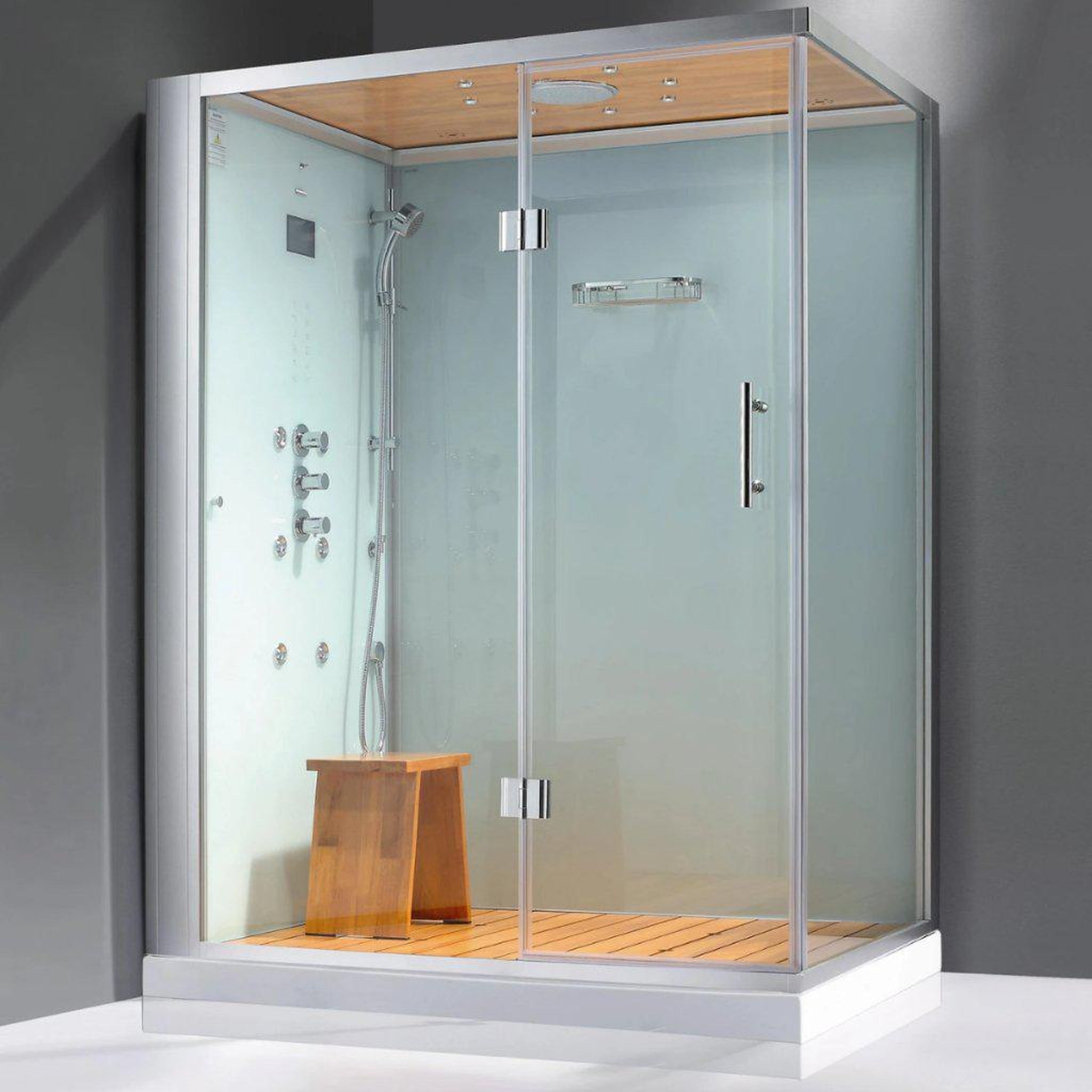 Athena, Athena 59" x 36" x 89" One Person Framed Rectangle Left Handed White Colored Steam Shower With Hinged Door & 6 Massage Jets