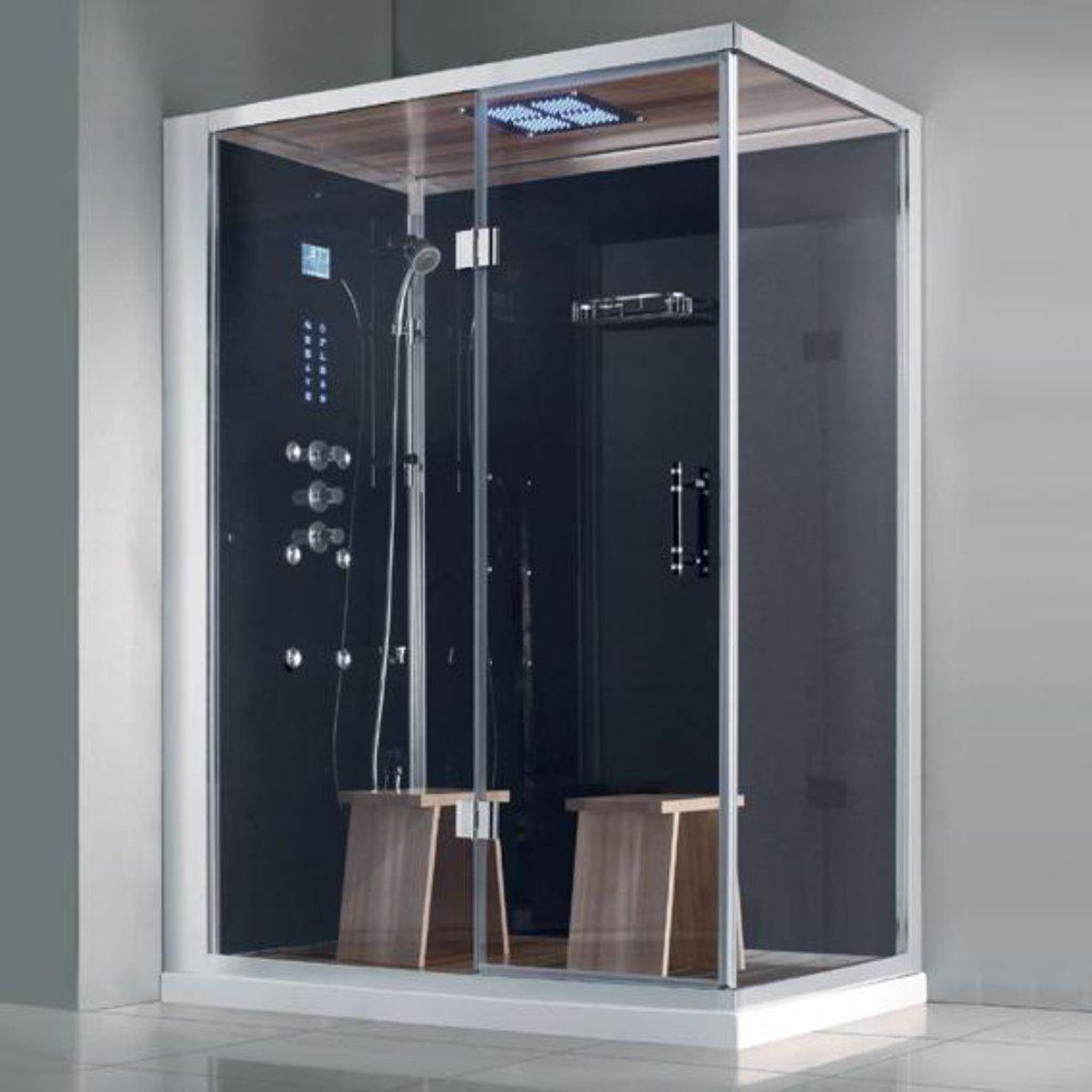 Athena, Athena 59" x 36" x 89" Two Person Framed Rectangle Left Handed Black Colored Steam Shower With Hinged Door & 12 Massage Jets