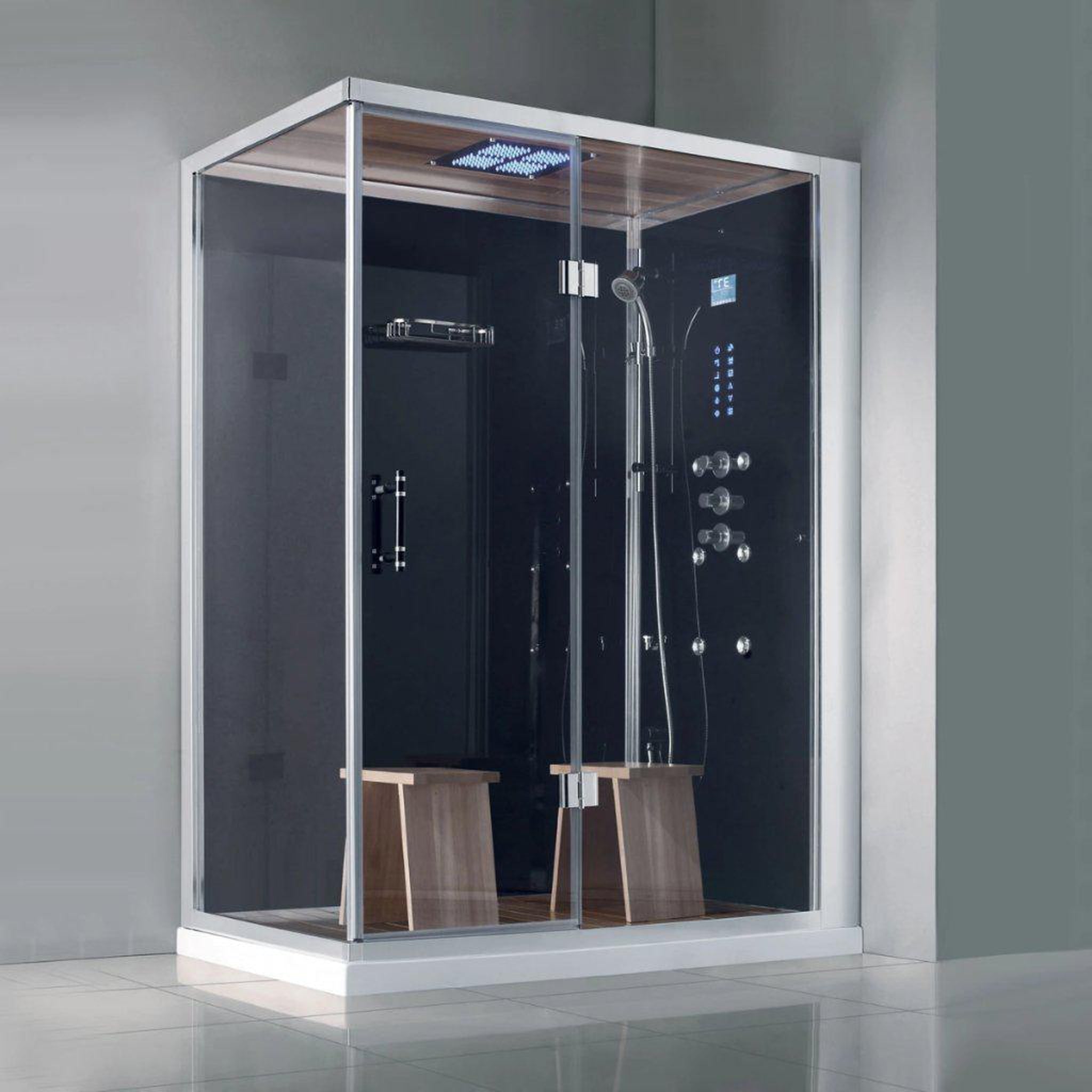 Athena, Athena 59" x 36" x 89" Two Person Framed Rectangle Right Handed Black Colored Steam Shower With Hinged Door & 12 Massage Jets