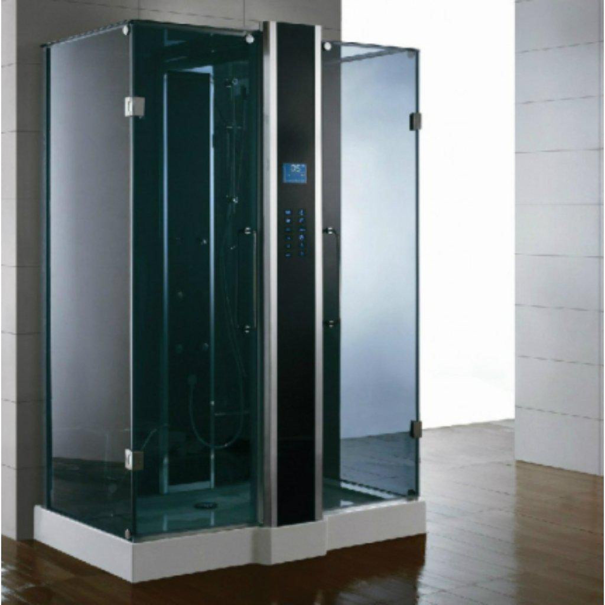 Athena, Athena 59" x 36" x 89" Two Person Rectangle Blue Glass Steam Shower With Dual With Hinged Doors 12 Massage Jets & LED Chromatherapy Lighting