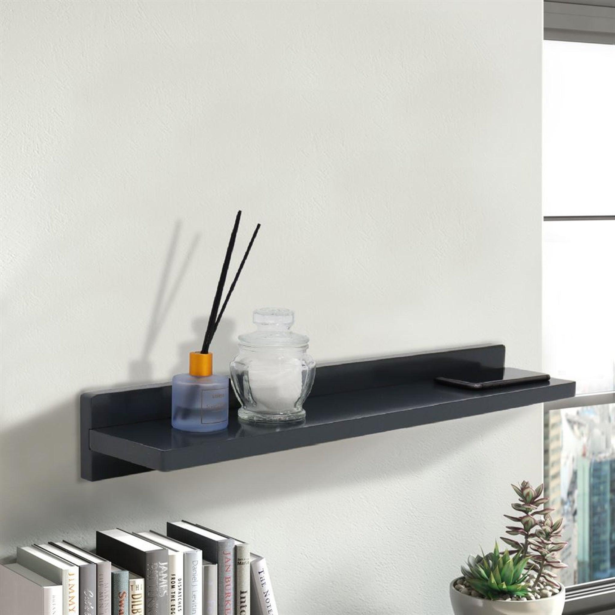 Bellaterra Home, Bellaterra Home 24" Dark Gray Rectangle Wall-Mounted Solid Rubber Wood Wall Shelf With 15W/3A Wireless Charging