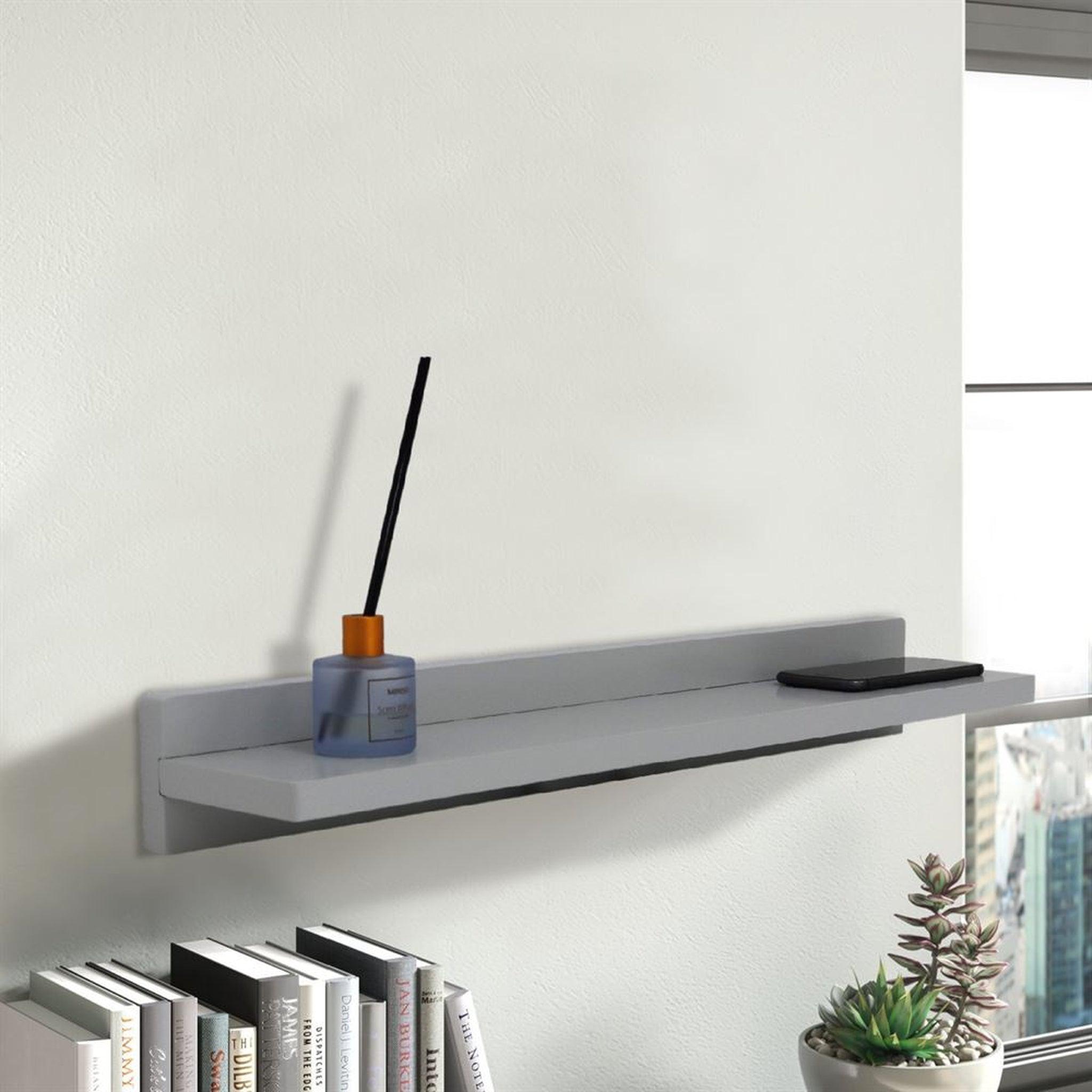 Bellaterra Home, Bellaterra Home 24" Light Gray Rectangle Wall-Mounted Solid Rubber Wood Wall Shelf With 15W/3A Wireless Charging