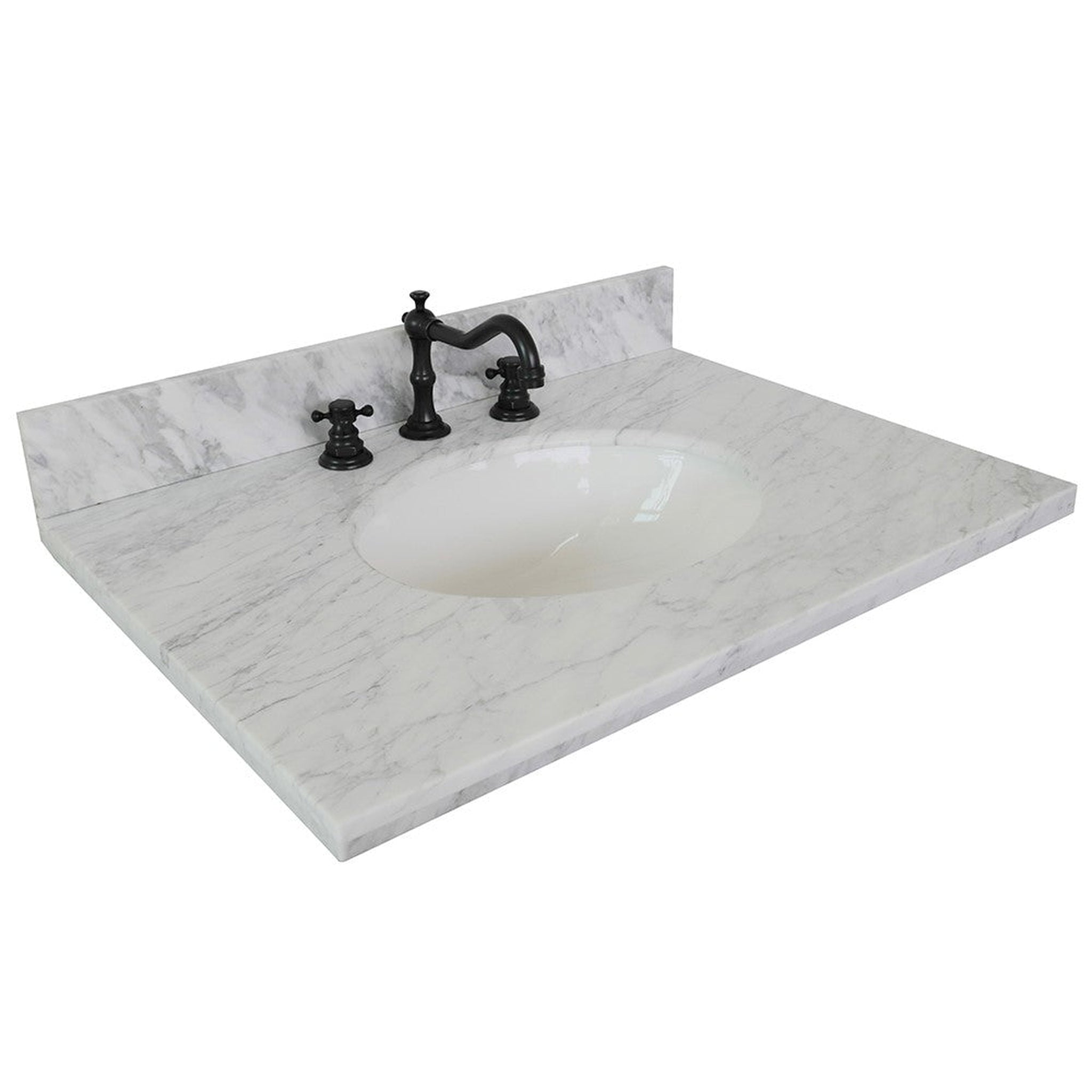 Bellaterra Home, Bellaterra Home 31" x 22" White Carrara Marble Three Hole Vanity Top With Undermount Oval Sink and Overflow