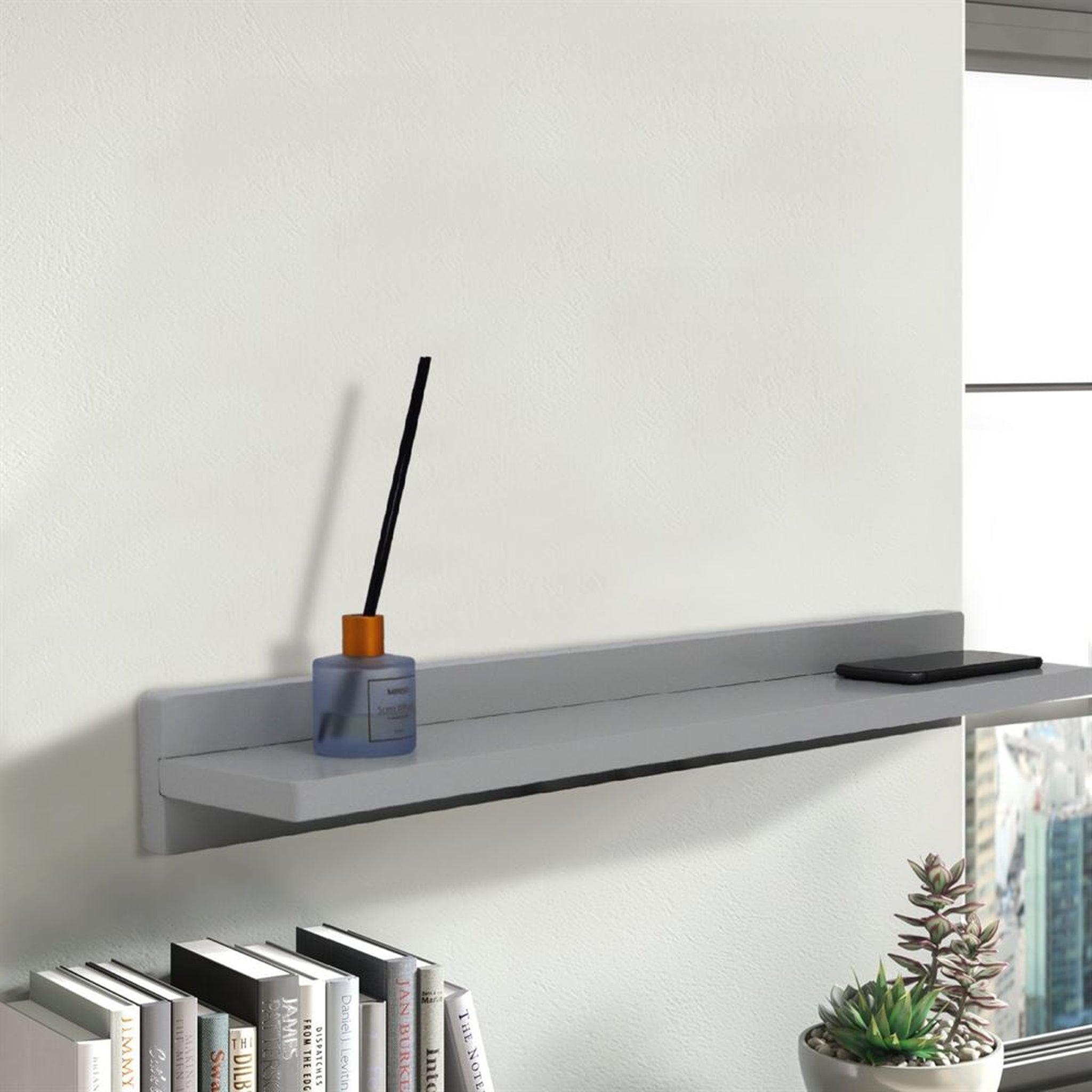 Bellaterra Home, Bellaterra Home 35" Light Gray Rectangle Wall-Mounted Solid Rubber Wood Wall Shelf With 15W/3A Wireless Charging