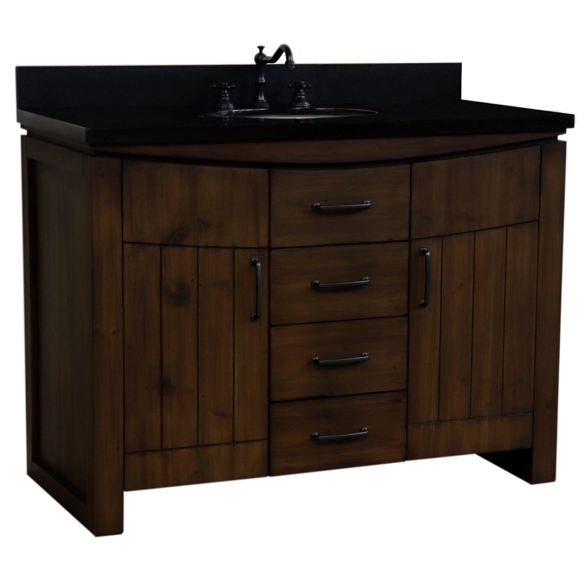 Bellaterra Home, Bellaterra Home 48" 2-Door 3-Drawer Rustic Wood Freestanding Vanity Set With Ceramic Center Undermount Oval Sink and Black Galaxy Granite Top