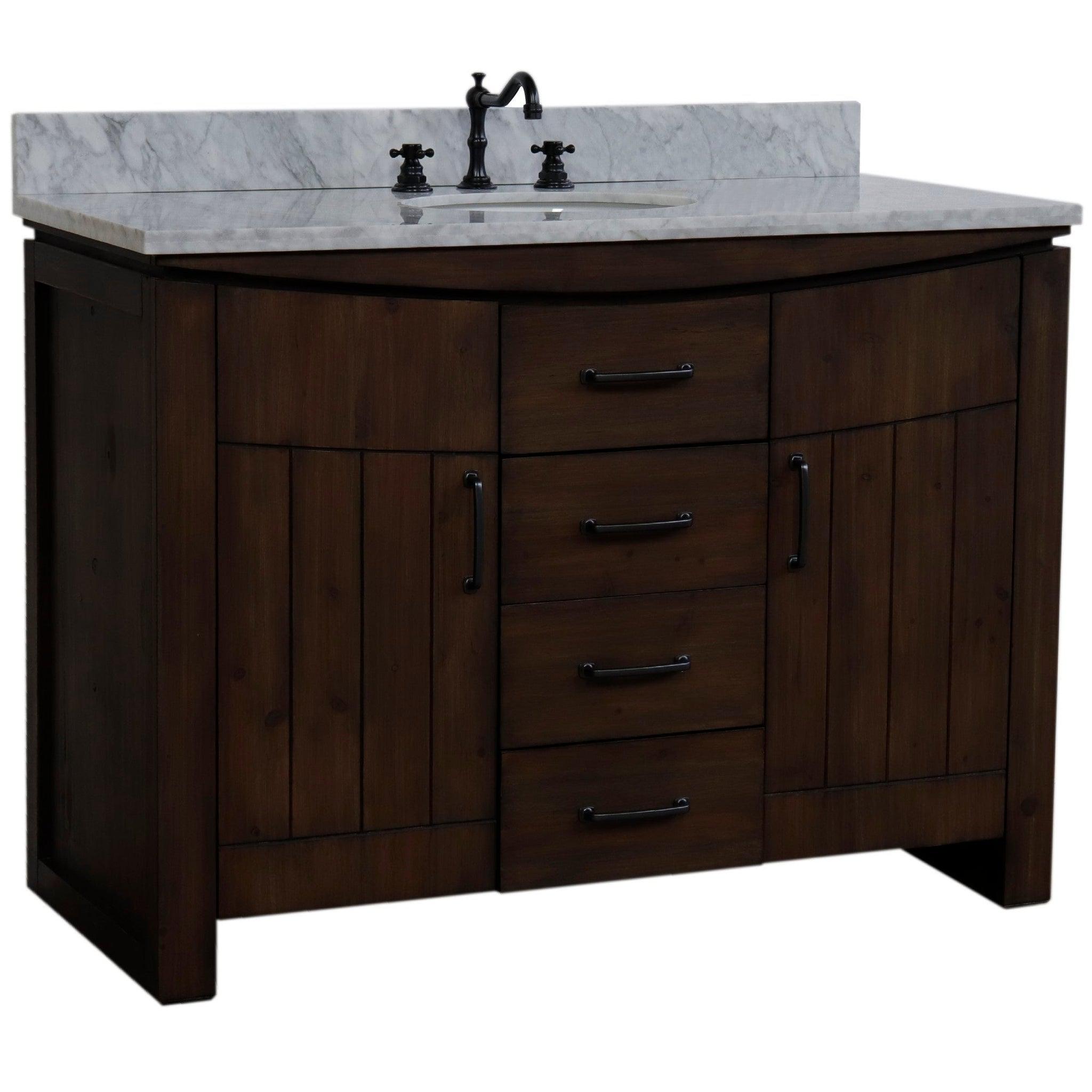 Bellaterra Home, Bellaterra Home 48" 2-Door 3-Drawer Rustic Wood Freestanding Vanity Set With Ceramic Center Undermount Oval Sink and White Marble Top