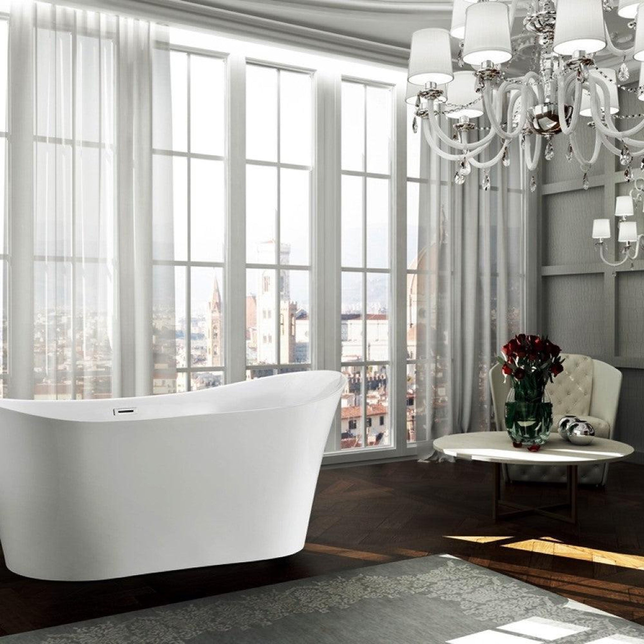 Bellaterra Home, Bellaterra Home Bergamo 67" x 30" Glossy White Oval Acrylic Freestanding Double Slipper Soaking Bathtub