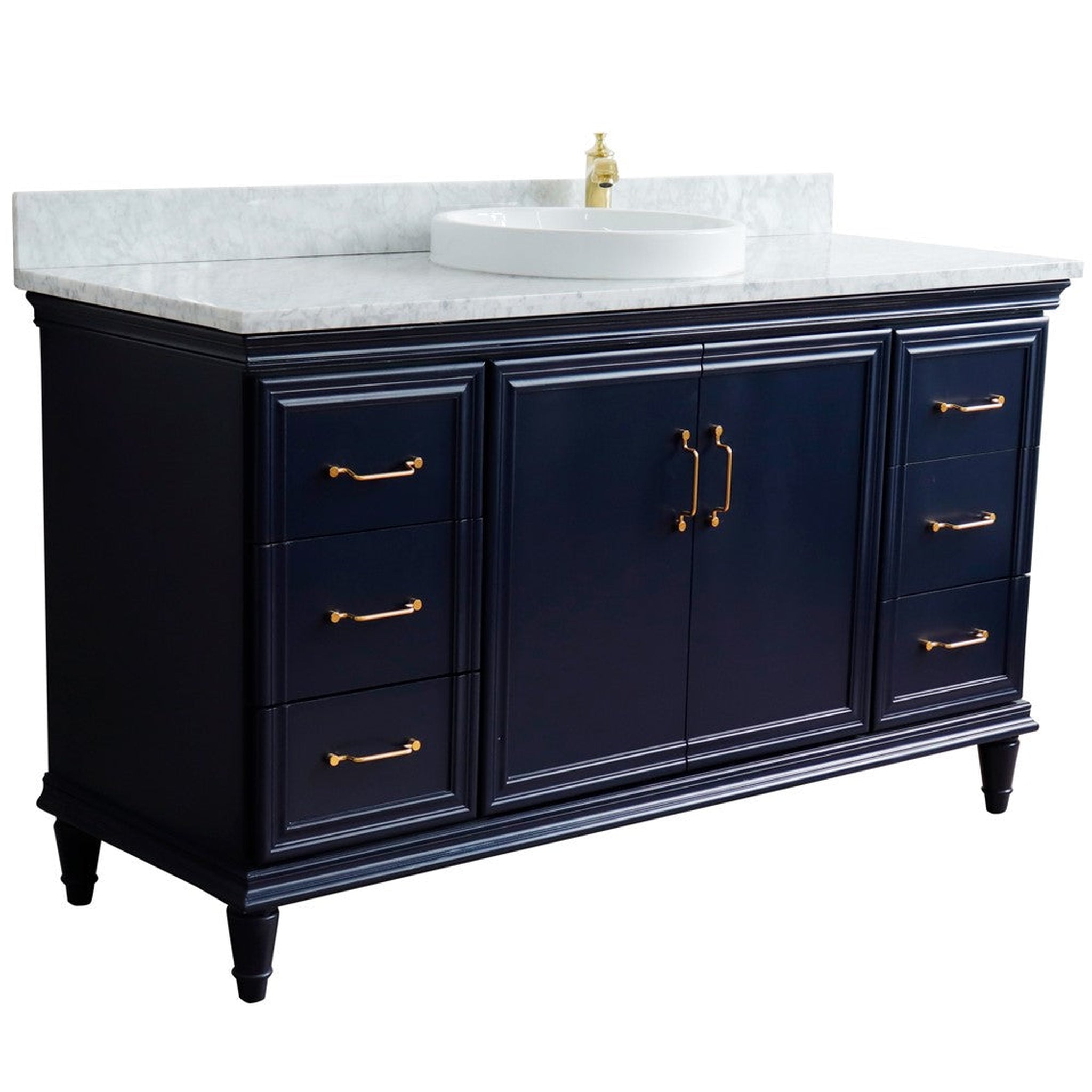 Bellaterra Home, Bellaterra Home Forli 61" 2-Door 6-Drawer Blue Freestanding Vanity Set With Ceramic Vessel Sink and White Carrara Marble Top