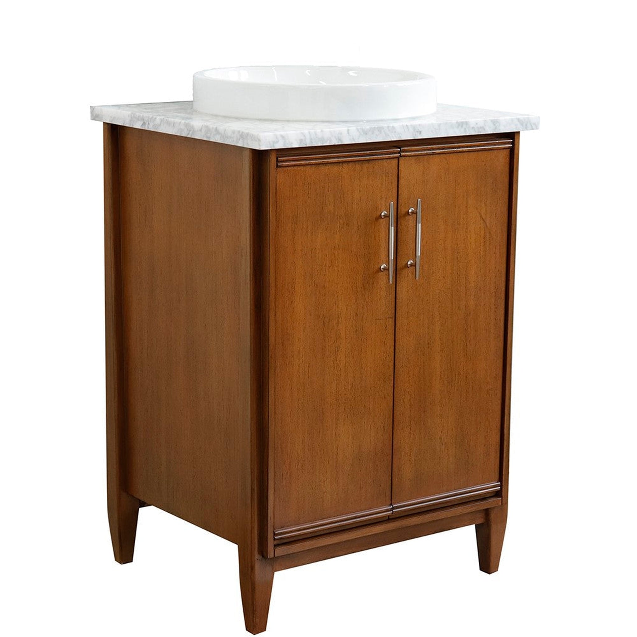 Bellaterra Home, Bellaterra Home MCM 25" 2-Door 1-Drawer Walnut Freestanding Vanity Set With Ceramic Vessel Sink and White Carrara Marble Top