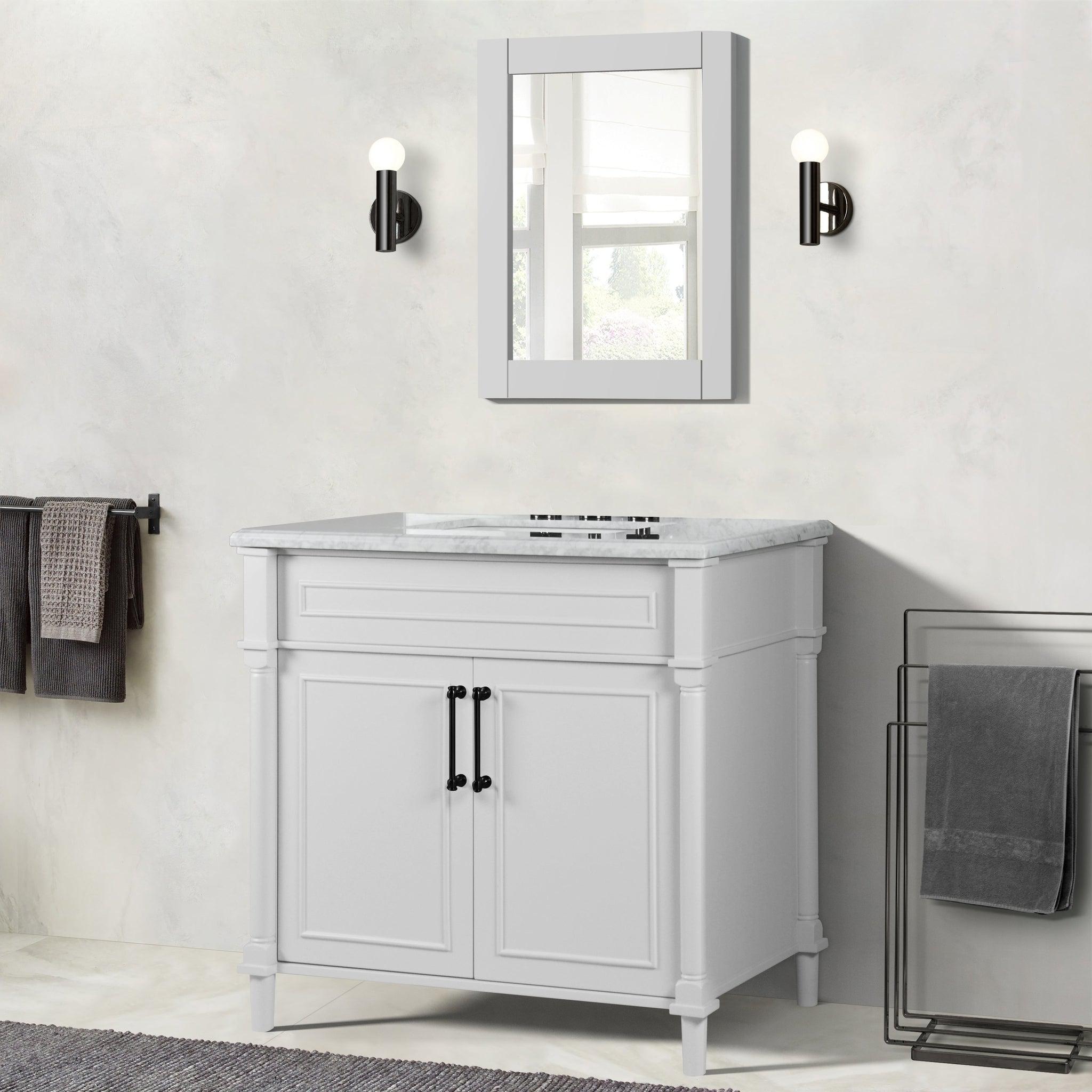 Bellaterra Home, Bellaterra Home Napa 36" 2-Door White Freestanding Vanity Set With Ceramic Undermount Rectangular Sink and White Carrara Marble Top, and Black Hardware