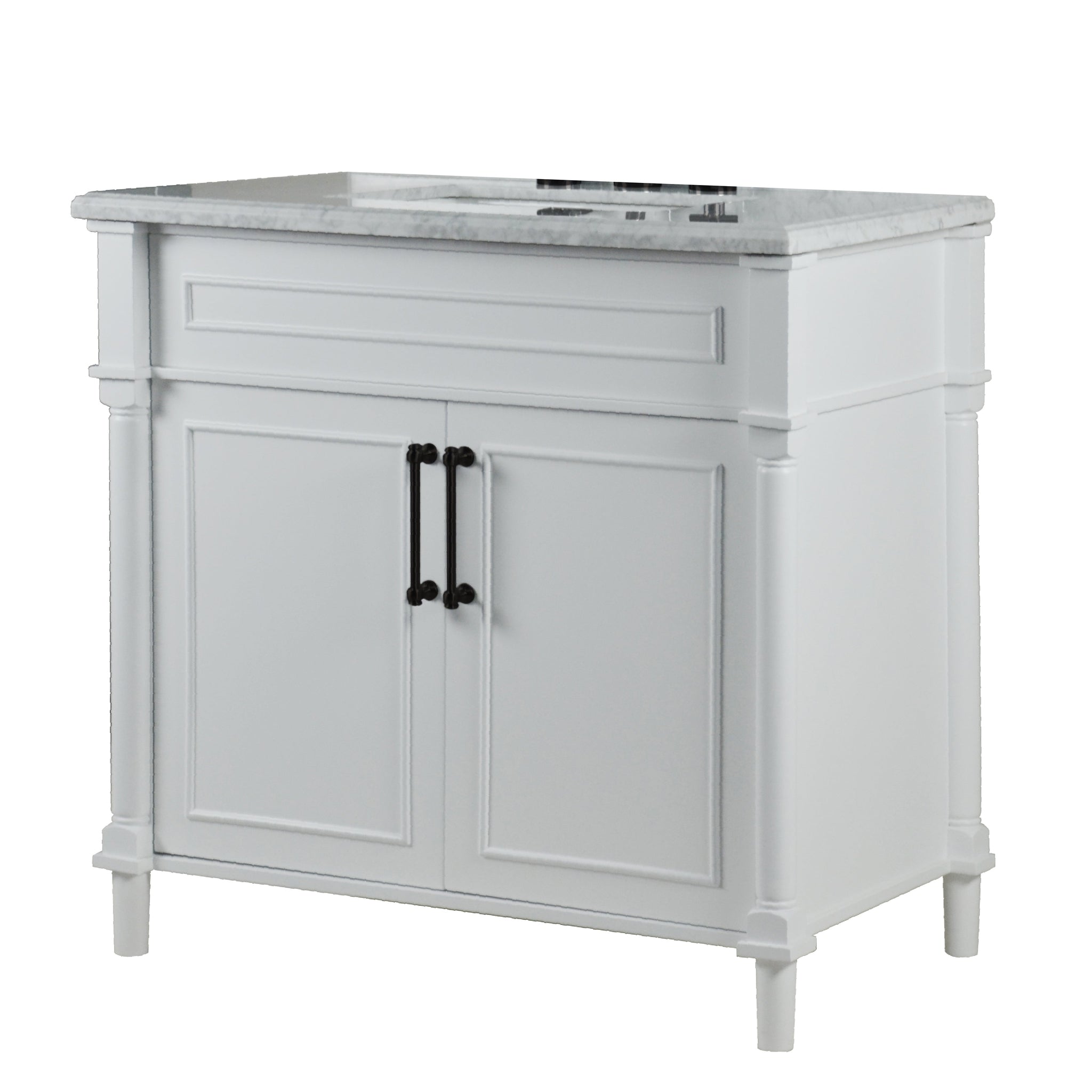 Bellaterra Home, Bellaterra Home Napa 36" 2-Door White Freestanding Vanity Set With Ceramic Undermount Rectangular Sink and White Carrara Marble Top, and Black Hardware