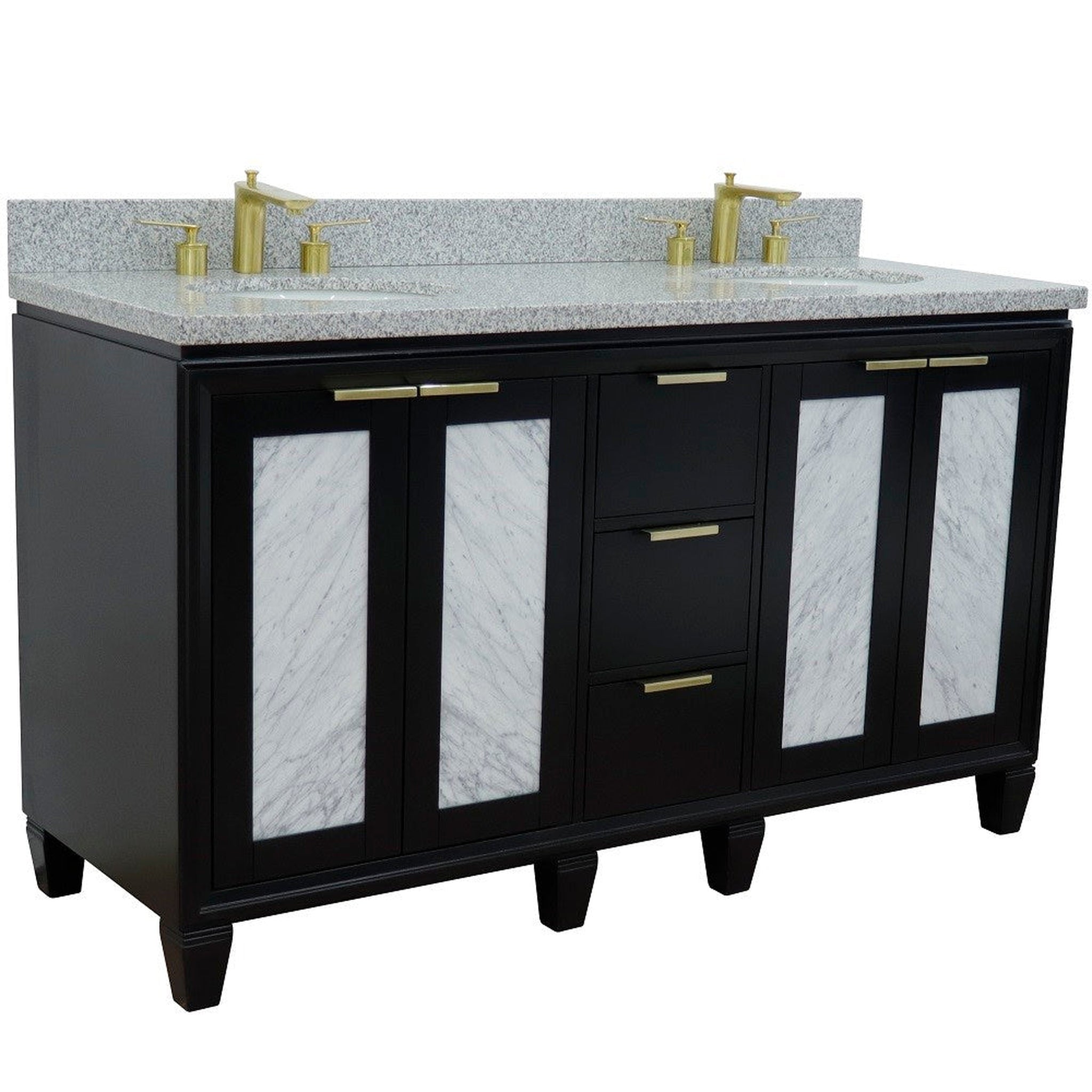 Bellaterra Home, Bellaterra Home Trento 61" 4-Door 3-Drawer Black Freestanding Vanity Set With Ceramic Double Undermount Oval Sink and Gray Granite Top