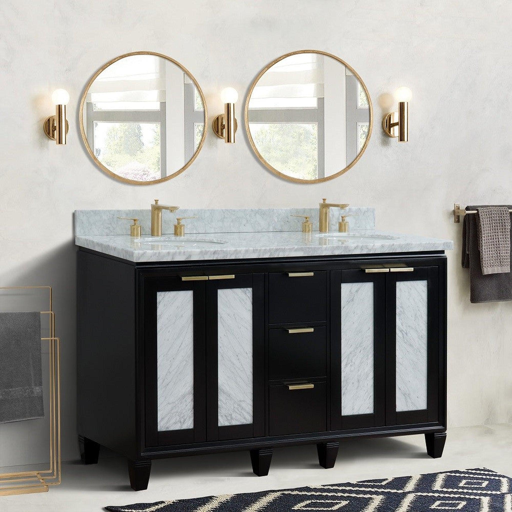 Bellaterra Home, Bellaterra Home Trento 61" 4-Door 3-Drawer Black Freestanding Vanity Set With Ceramic Double Undermount Oval Sink and White Carrara Marble Top