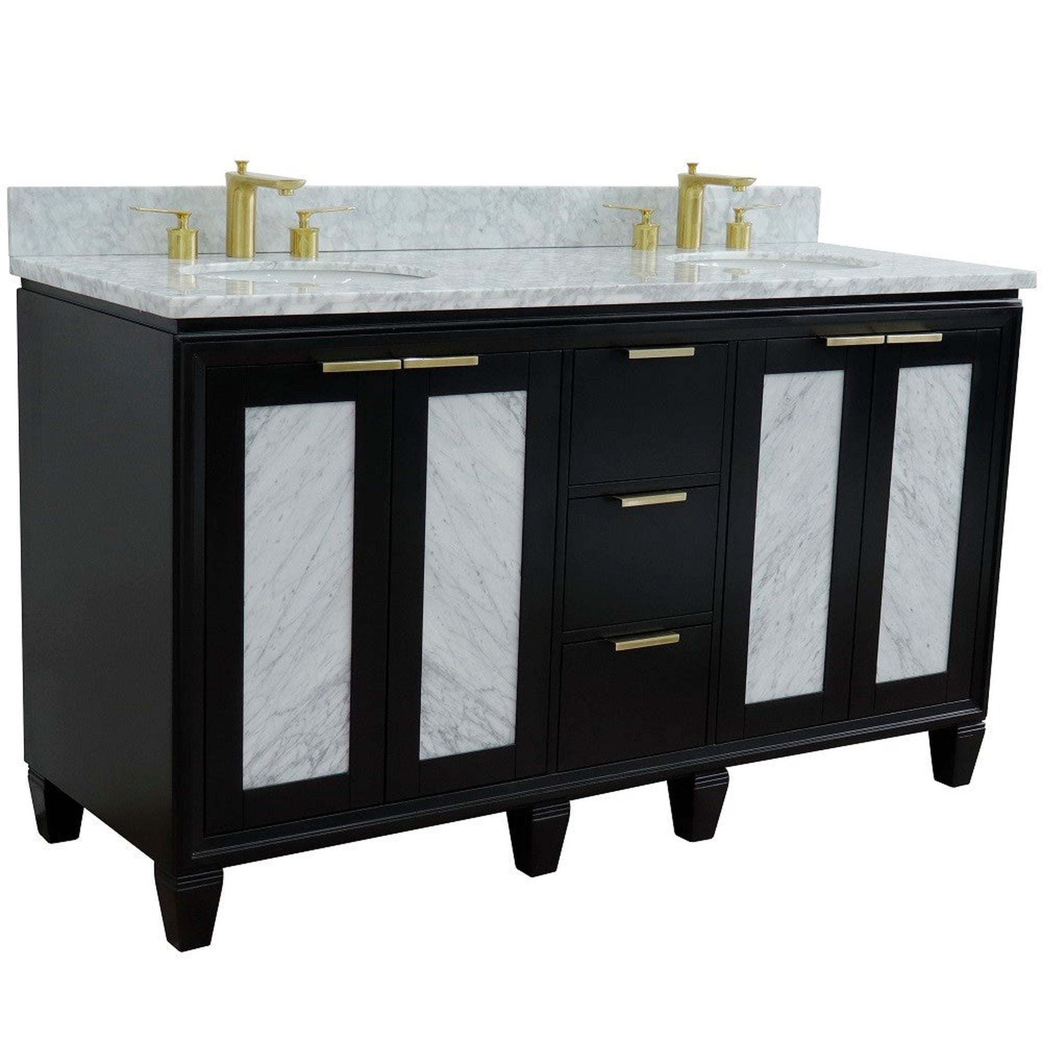 Bellaterra Home, Bellaterra Home Trento 61" 4-Door 3-Drawer Black Freestanding Vanity Set With Ceramic Double Undermount Oval Sink and White Carrara Marble Top