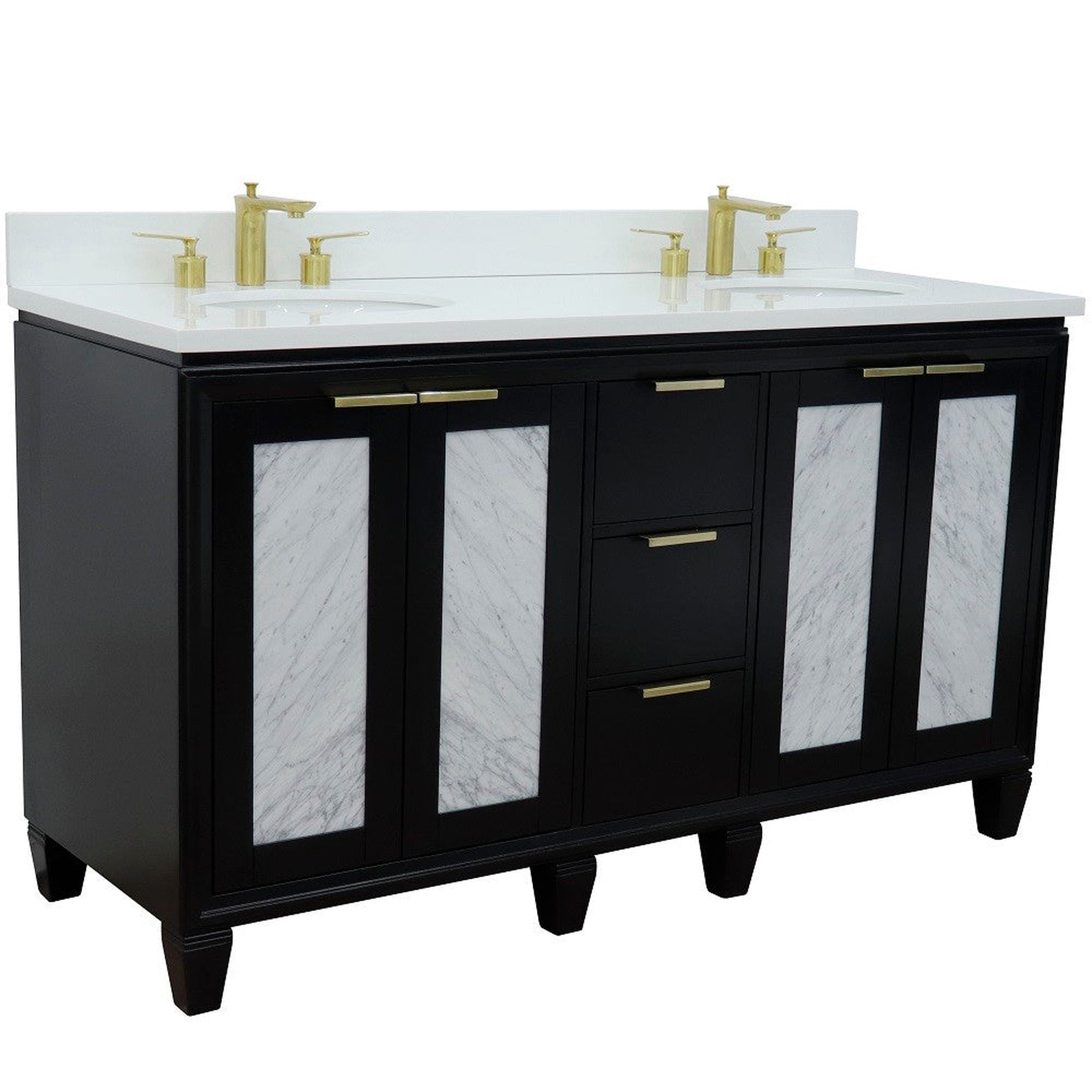 Bellaterra Home, Bellaterra Home Trento 61" 4-Door 3-Drawer Black Freestanding Vanity Set With Ceramic Double Undermount Oval Sink and White Quartz Top