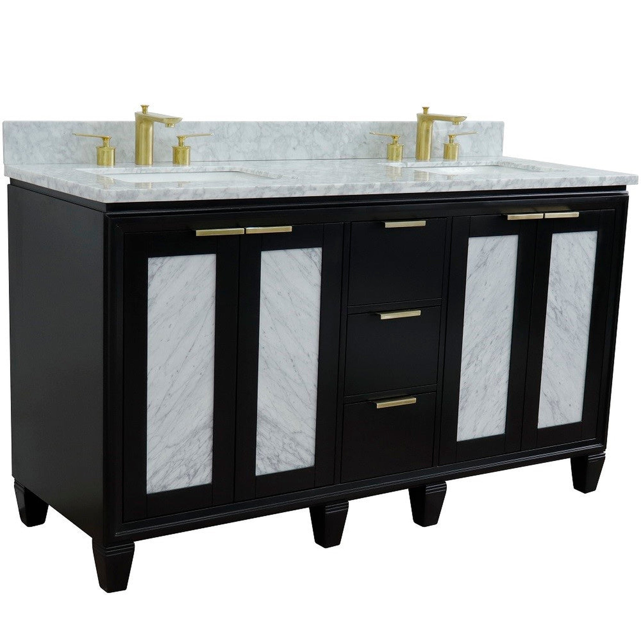 Bellaterra Home, Bellaterra Home Trento 61" 4-Door 3-Drawer Black Freestanding Vanity Set With Ceramic Double Undermount Rectangular Sink and White Carrara Marble Top