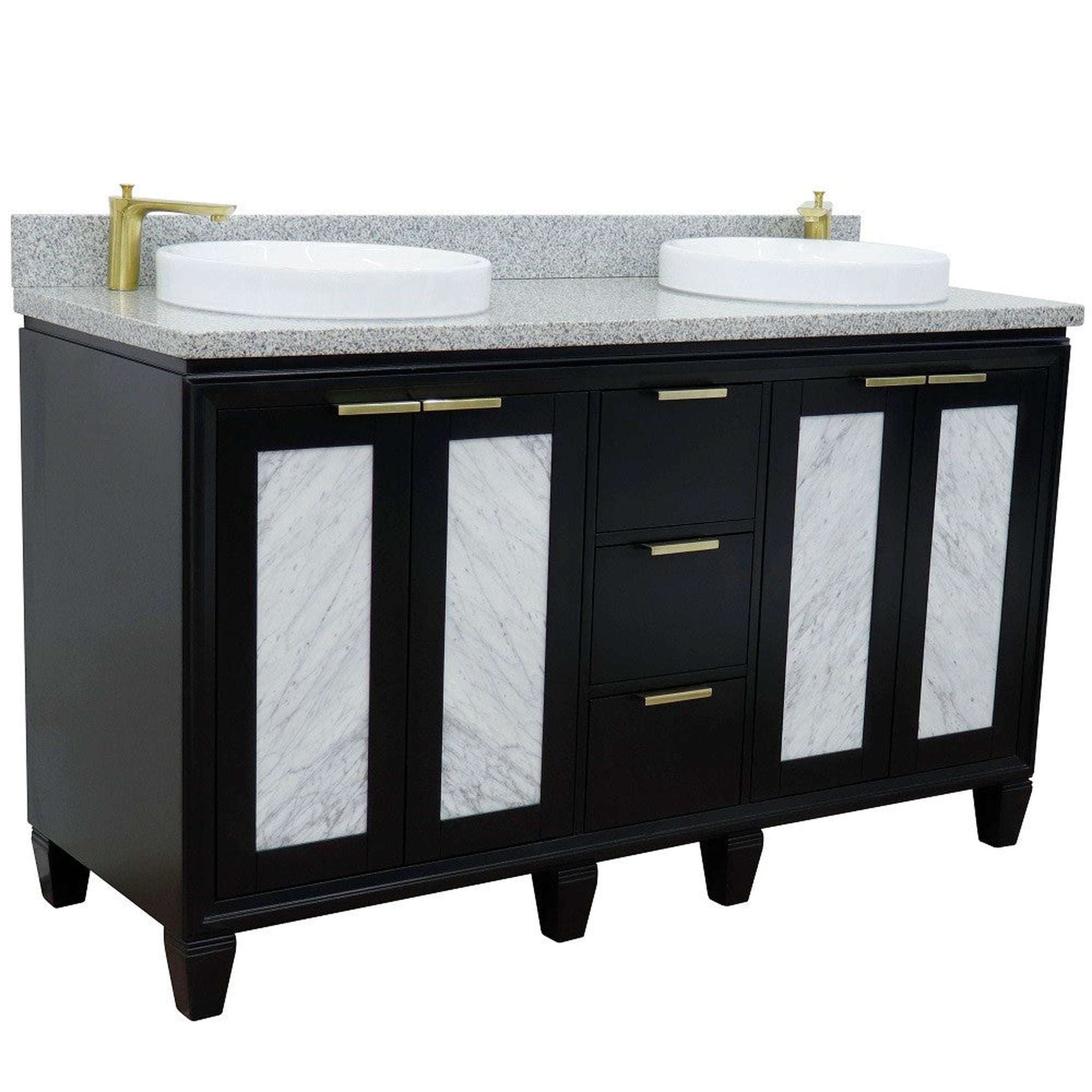 Bellaterra Home, Bellaterra Home Trento 61" 4-Door 3-Drawer Black Freestanding Vanity Set With Ceramic Double Vessel Sink and Gray Granite Top