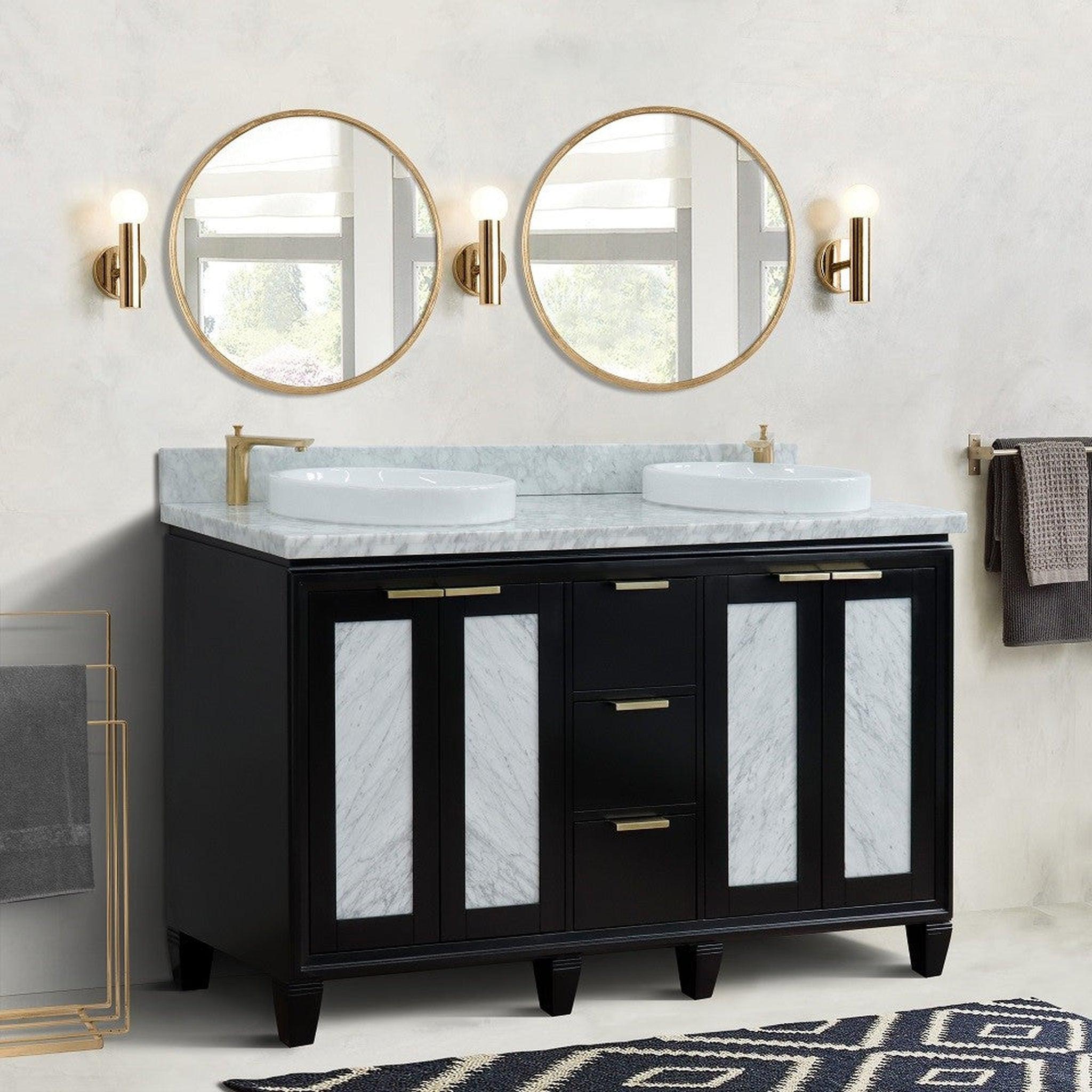 Bellaterra Home, Bellaterra Home Trento 61" 4-Door 3-Drawer Black Freestanding Vanity Set With Ceramic Double Vessel Sink and White Carrara Marble Top