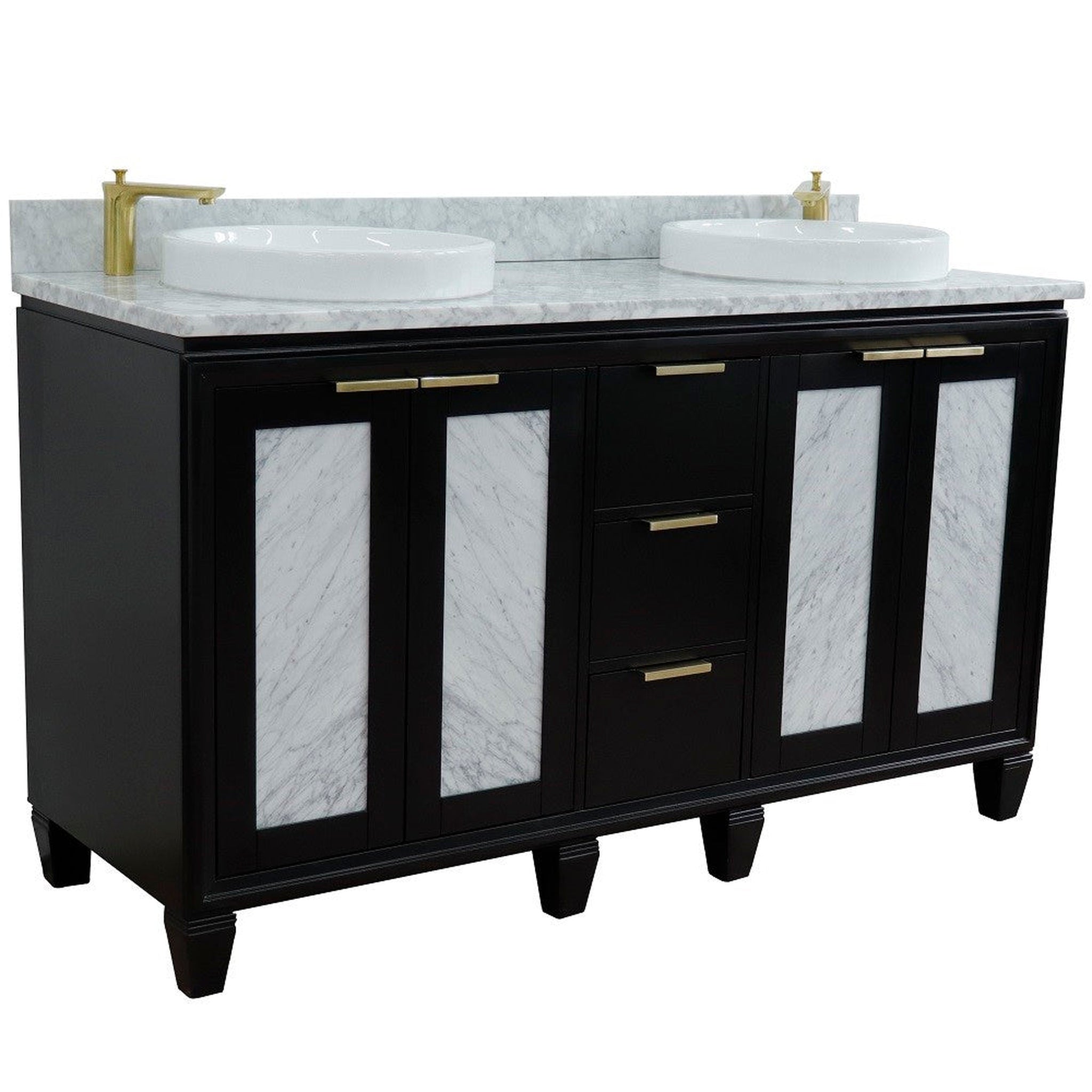 Bellaterra Home, Bellaterra Home Trento 61" 4-Door 3-Drawer Black Freestanding Vanity Set With Ceramic Double Vessel Sink and White Carrara Marble Top