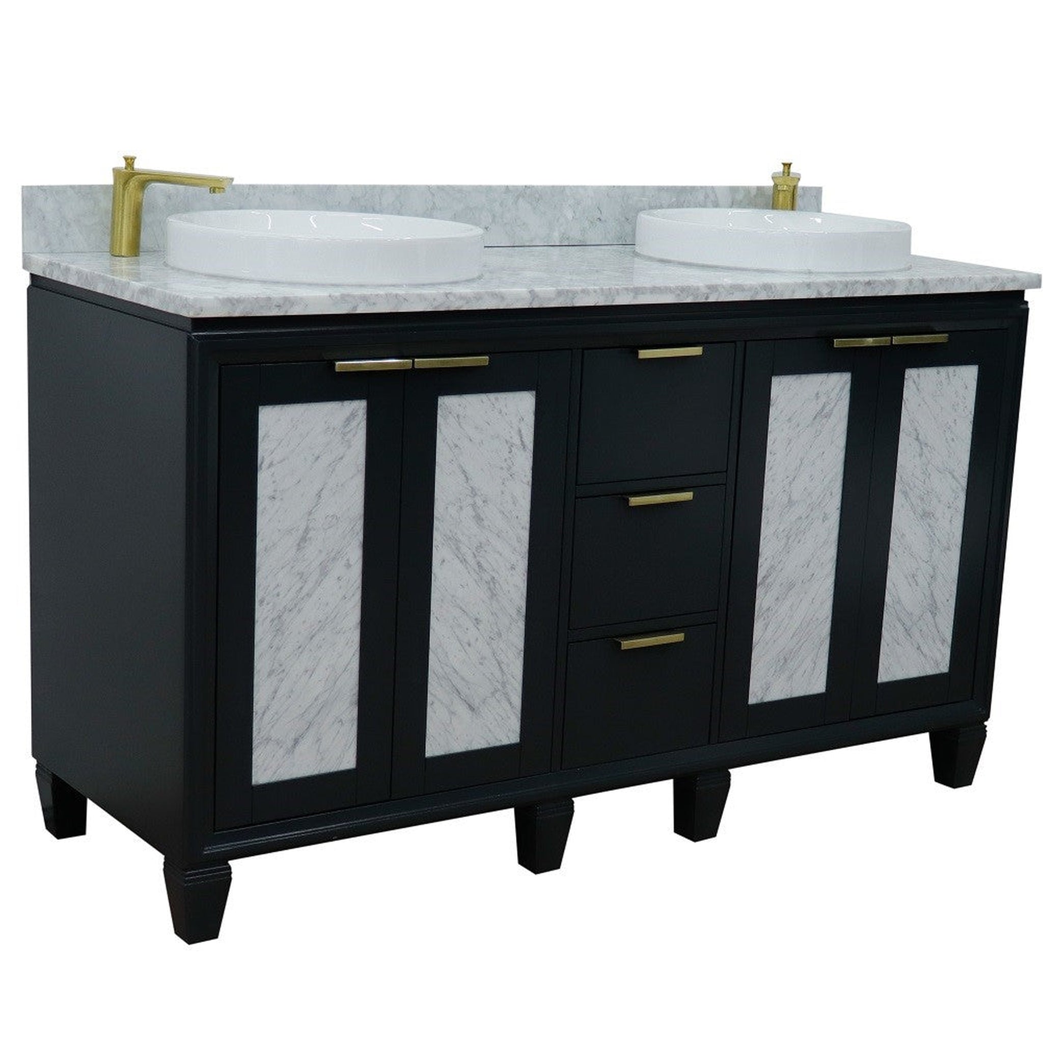 Bellaterra Home, Bellaterra Home Trento 61" 4-Door 3-Drawer Dark Gray Freestanding Vanity Set With Ceramic Double Vessel Sink and White Carrara Marble Top