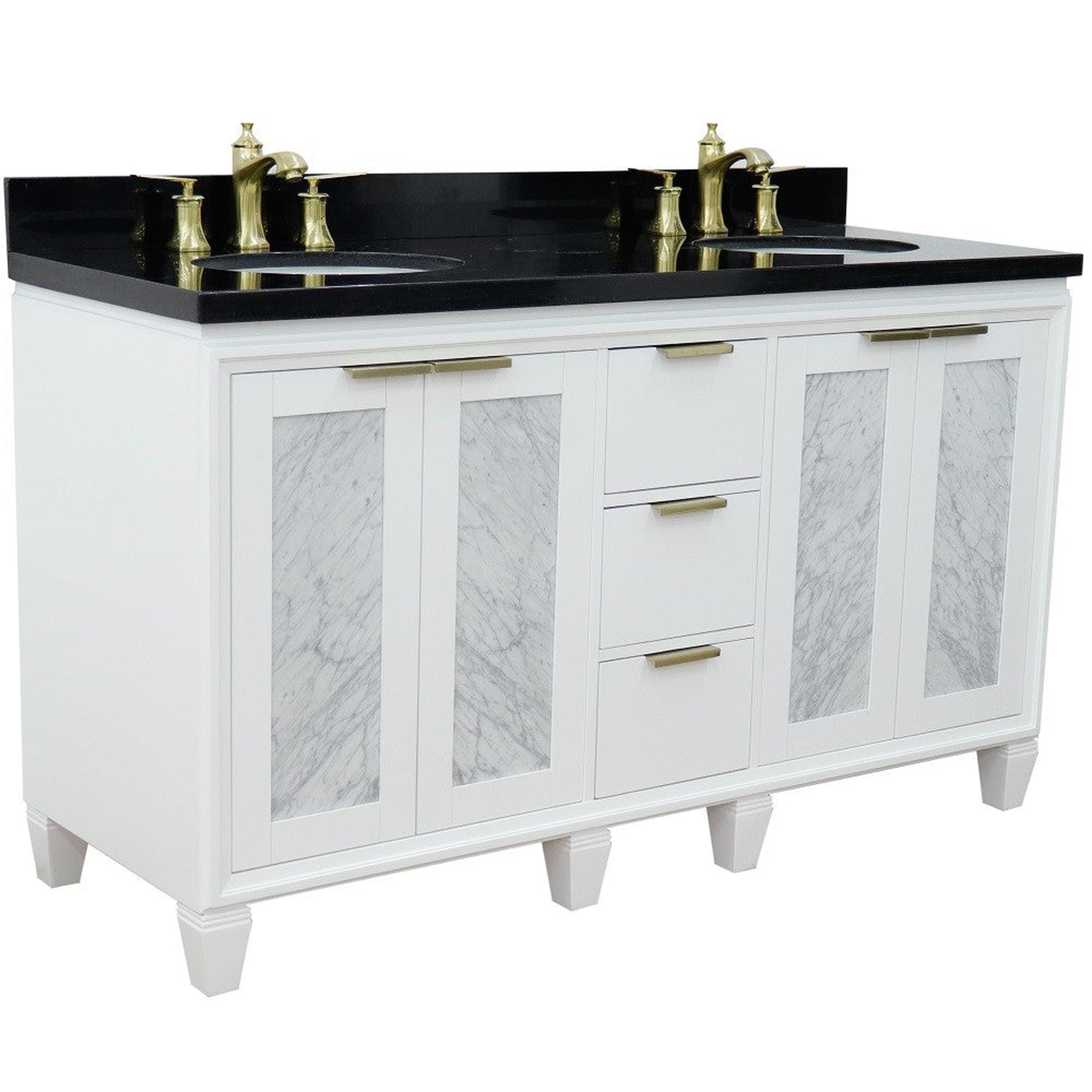 Bellaterra Home, Bellaterra Home Trento 61" 4-Door 3-Drawer White Freestanding Vanity Set With Ceramic Double Undermount Oval Sink and Black Galaxy Granite Top