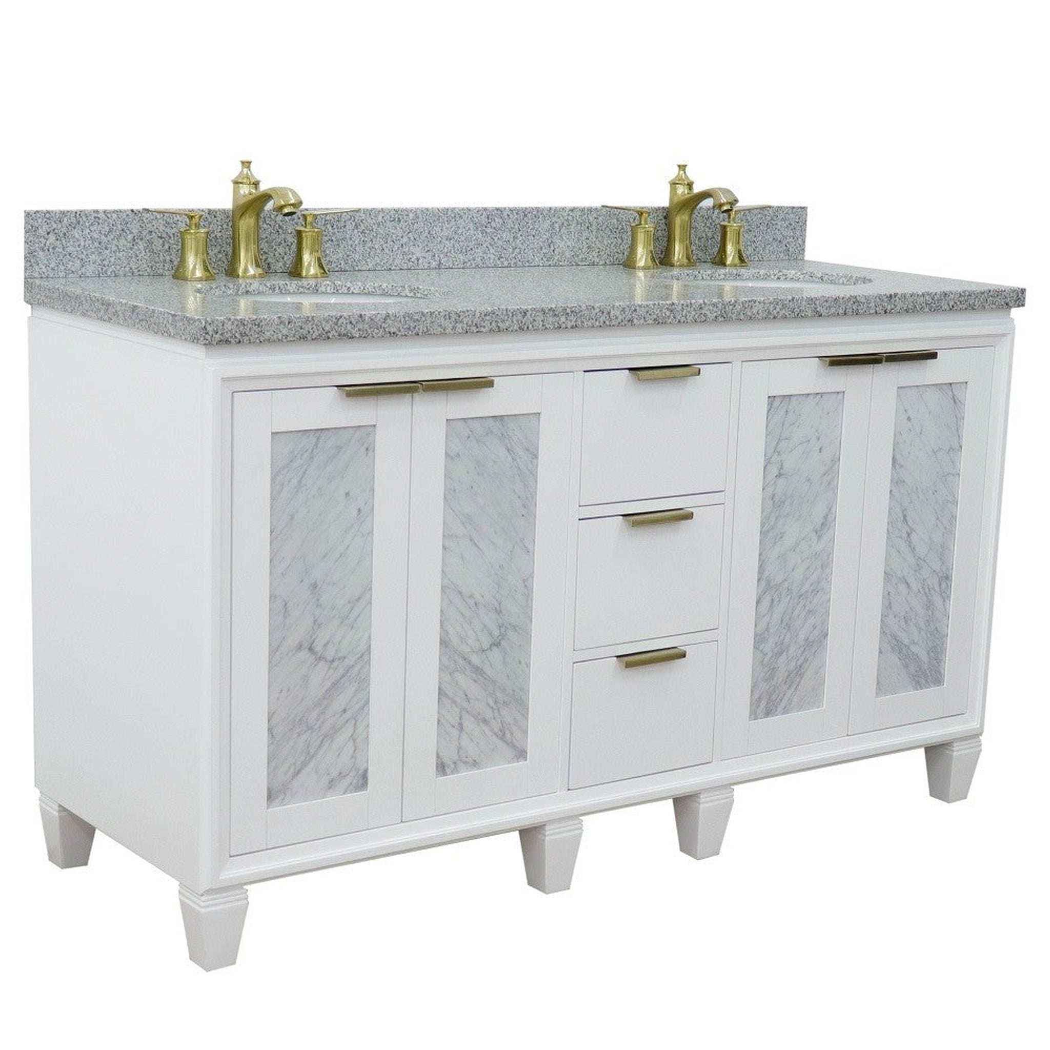 Bellaterra Home, Bellaterra Home Trento 61" 4-Door 3-Drawer White Freestanding Vanity Set With Ceramic Double Undermount Oval Sink and Gray Granite Top