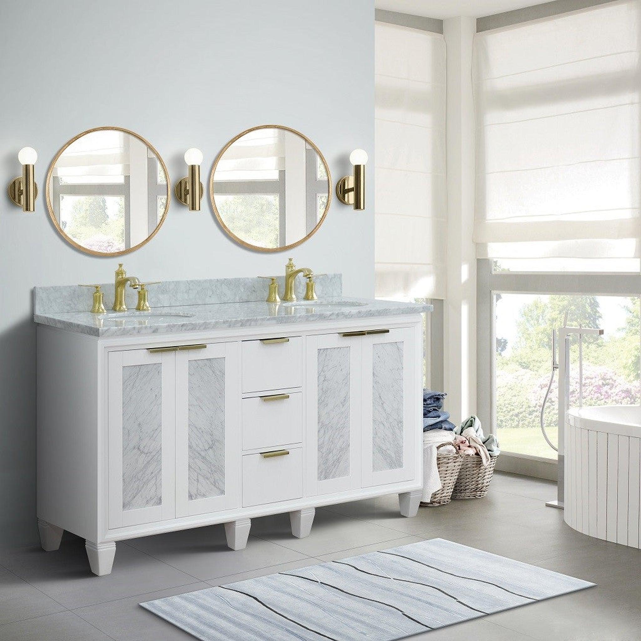 Bellaterra Home, Bellaterra Home Trento 61" 4-Door 3-Drawer White Freestanding Vanity Set With Ceramic Double Undermount Oval Sink and White Carrara Marble Top