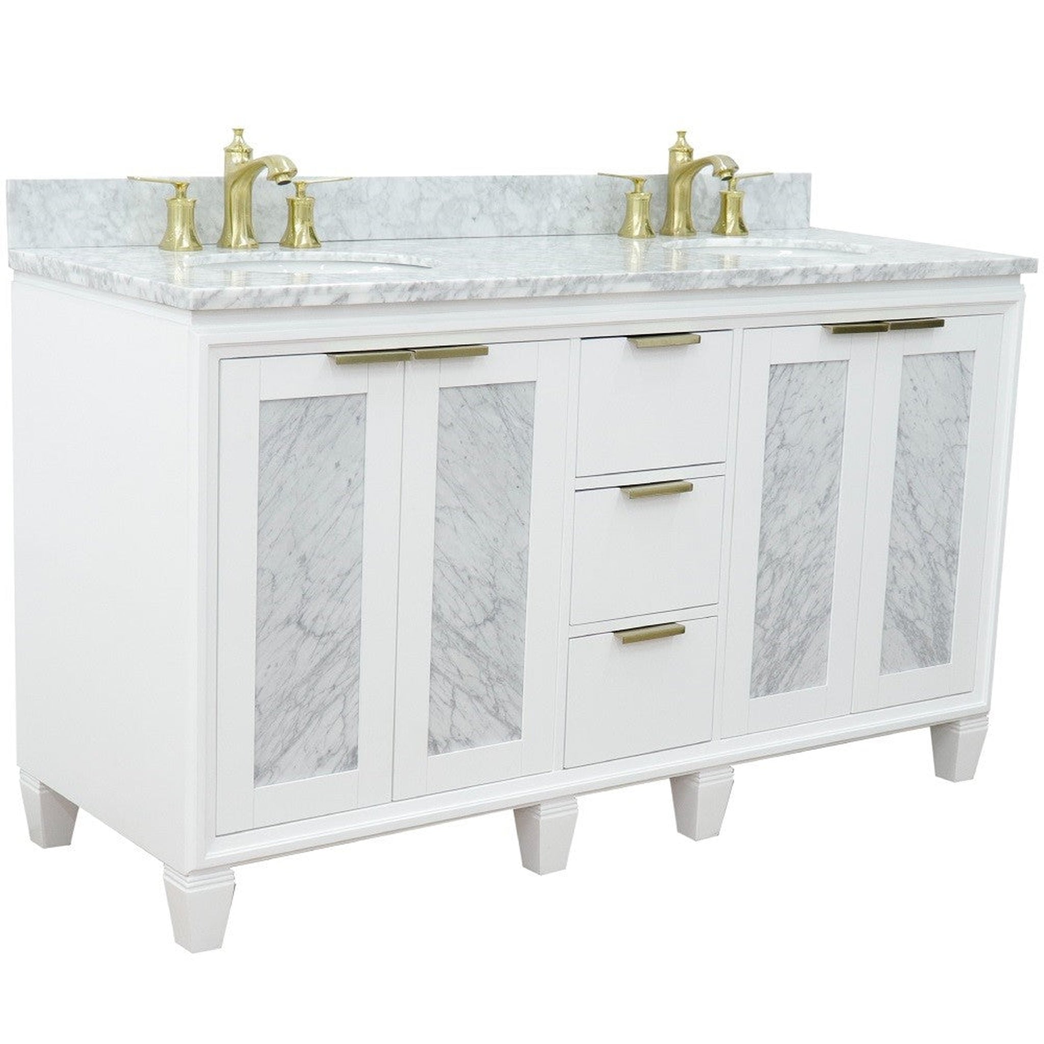 Bellaterra Home, Bellaterra Home Trento 61" 4-Door 3-Drawer White Freestanding Vanity Set With Ceramic Double Undermount Oval Sink and White Carrara Marble Top