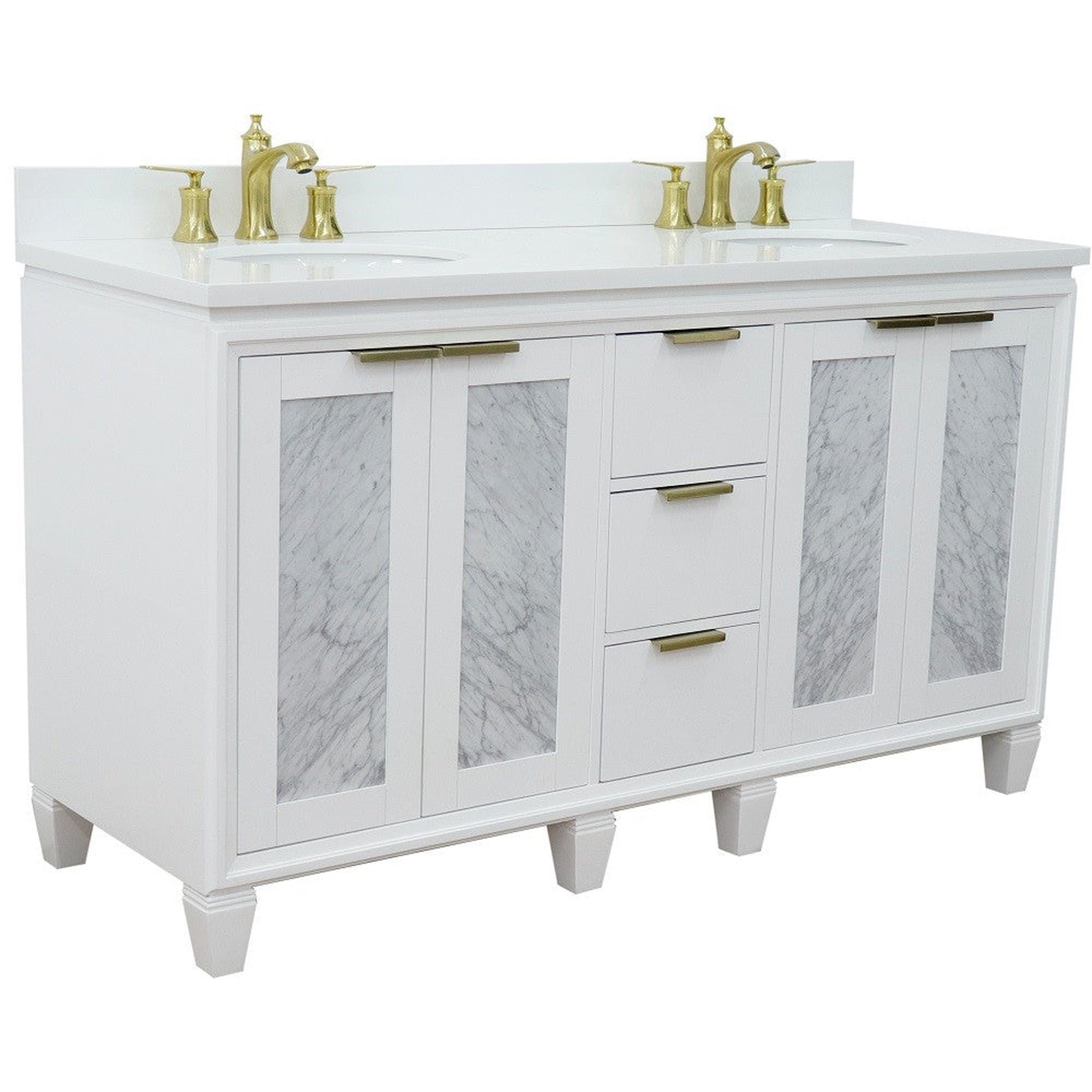 Bellaterra Home, Bellaterra Home Trento 61" 4-Door 3-Drawer White Freestanding Vanity Set With Ceramic Double Undermount Oval Sink and White Quartz Top