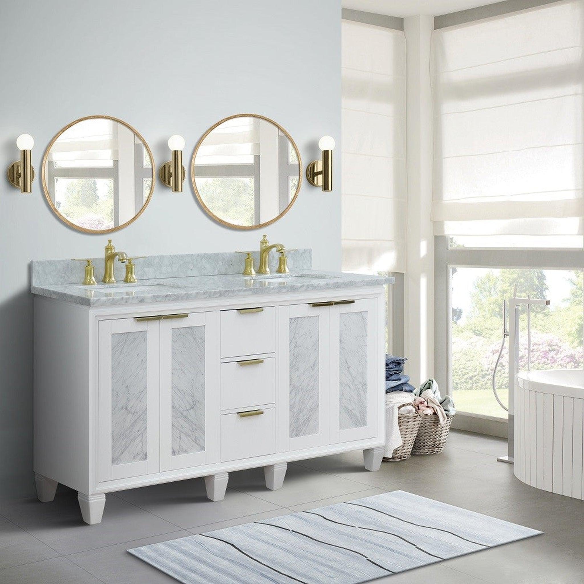 Bellaterra Home, Bellaterra Home Trento 61" 4-Door 3-Drawer White Freestanding Vanity Set With Ceramic Double Undermount Rectangular Sink and White Carrara Marble Top