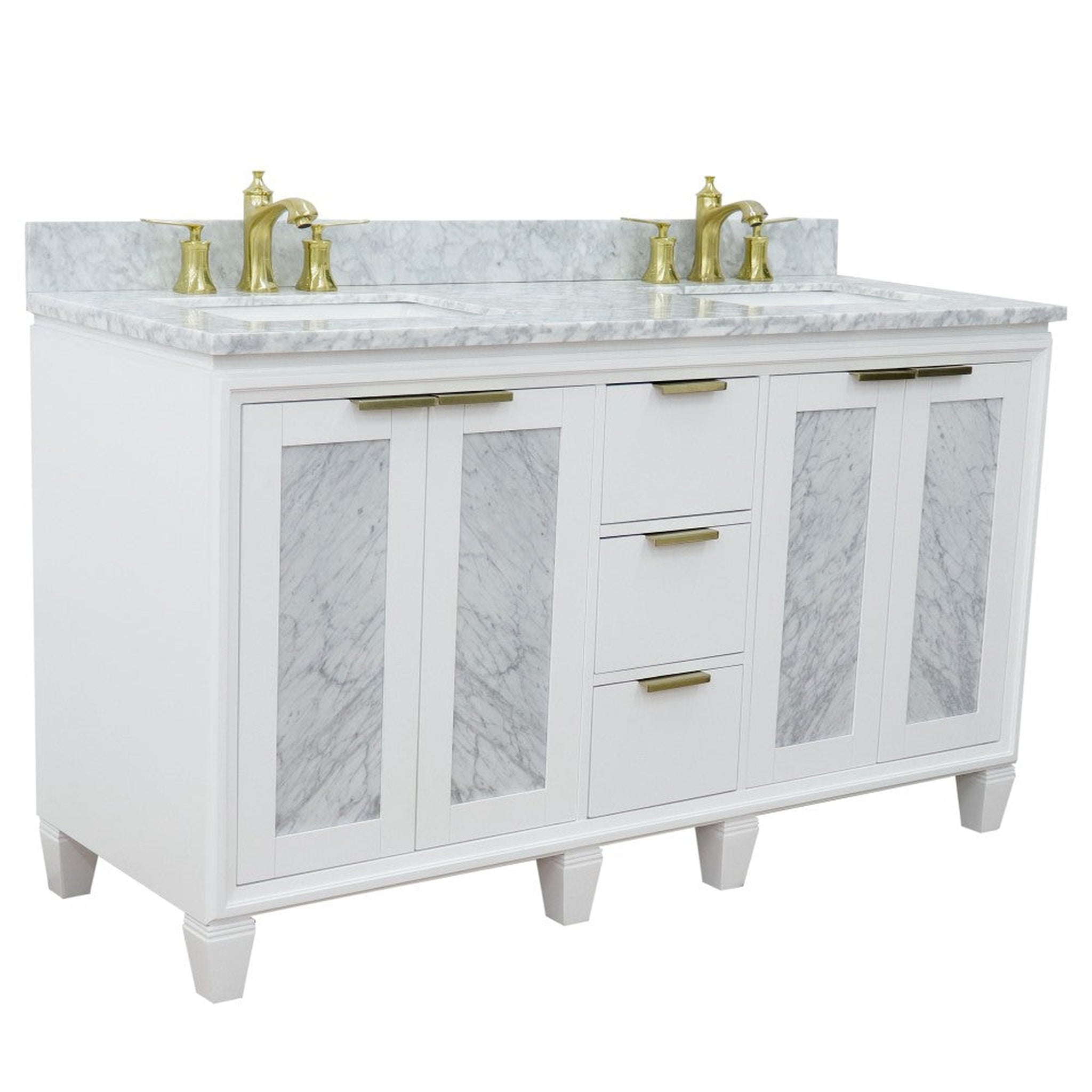 Bellaterra Home, Bellaterra Home Trento 61" 4-Door 3-Drawer White Freestanding Vanity Set With Ceramic Double Undermount Rectangular Sink and White Carrara Marble Top