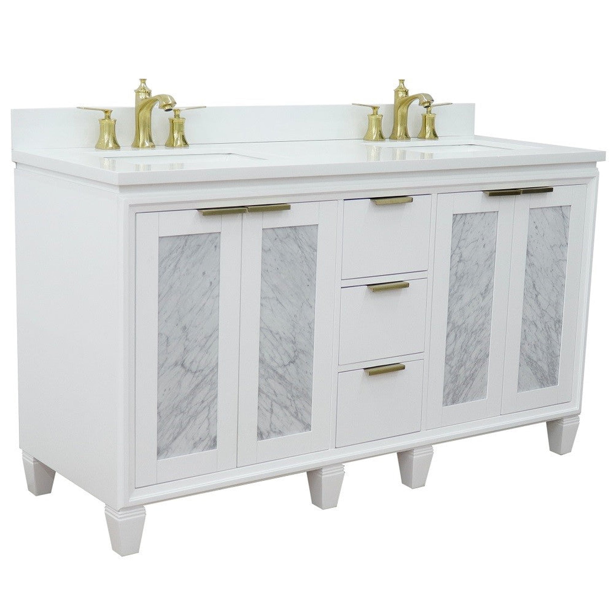 Bellaterra Home, Bellaterra Home Trento 61" 4-Door 3-Drawer White Freestanding Vanity Set With Ceramic Double Undermount Rectangular Sink and White Quartz Top