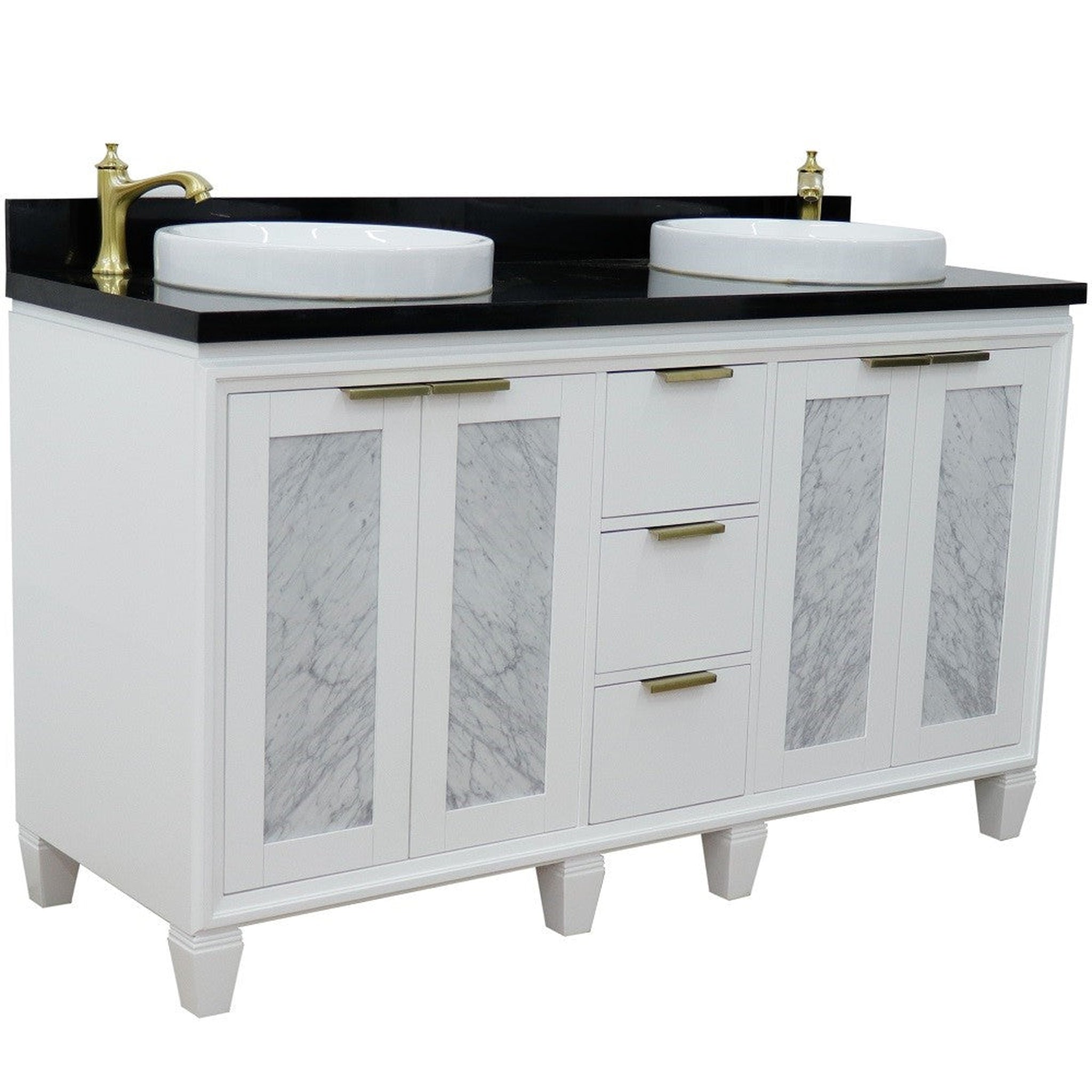 Bellaterra Home, Bellaterra Home Trento 61" 4-Door 3-Drawer White Freestanding Vanity Set With Ceramic Double Vessel Sink and Black Galaxy Granite Top