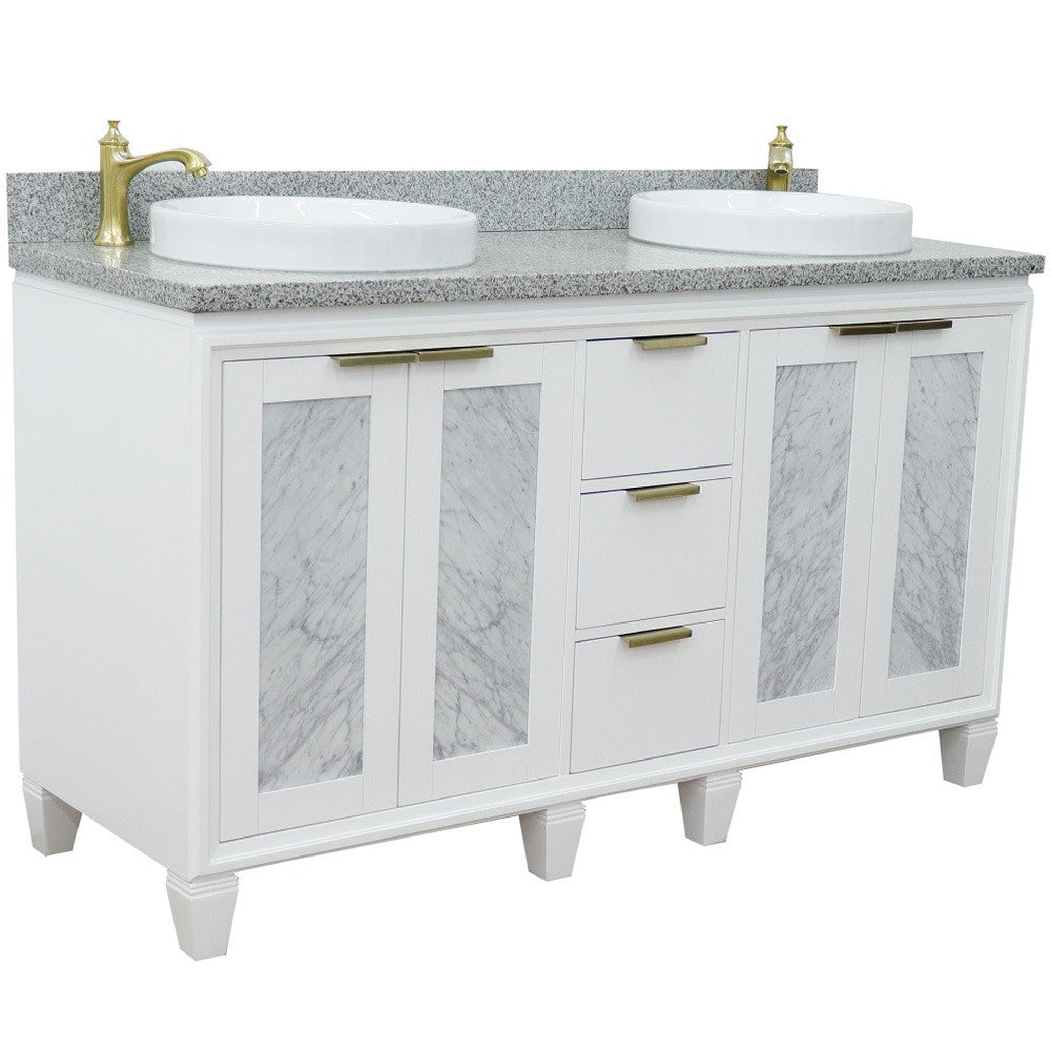 Bellaterra Home, Bellaterra Home Trento 61" 4-Door 3-Drawer White Freestanding Vanity Set With Ceramic Double Vessel Sink and Gray Granite Top