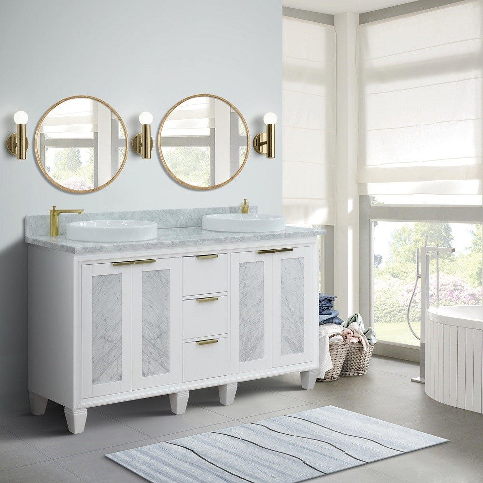 Bellaterra Home, Bellaterra Home Trento 61" 4-Door 3-Drawer White Freestanding Vanity Set With Ceramic Double Vessel Sink and White Carrara Marble Top