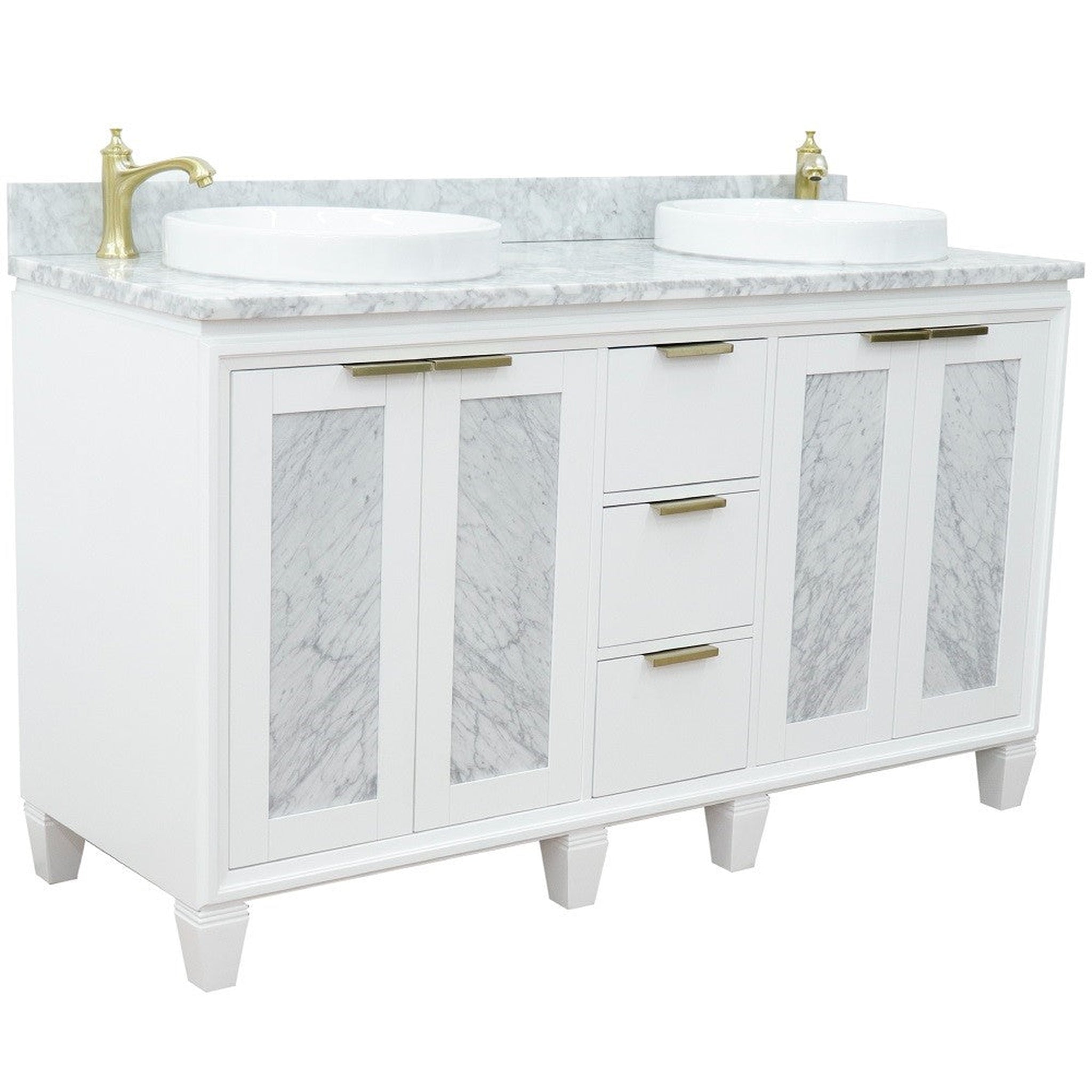 Bellaterra Home, Bellaterra Home Trento 61" 4-Door 3-Drawer White Freestanding Vanity Set With Ceramic Double Vessel Sink and White Carrara Marble Top