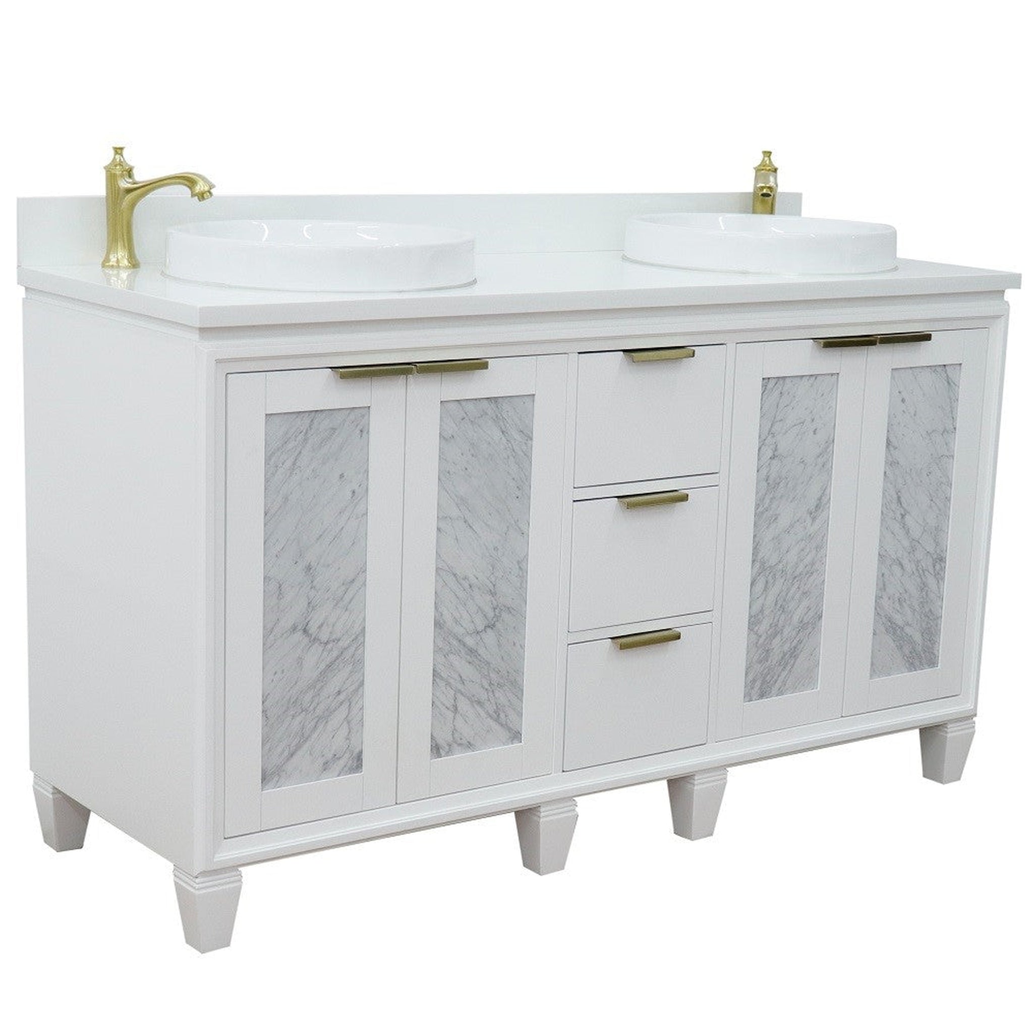 Bellaterra Home, Bellaterra Home Trento 61" 4-Door 3-Drawer White Freestanding Vanity Set With Ceramic Double Vessel Sink and White Quartz Top