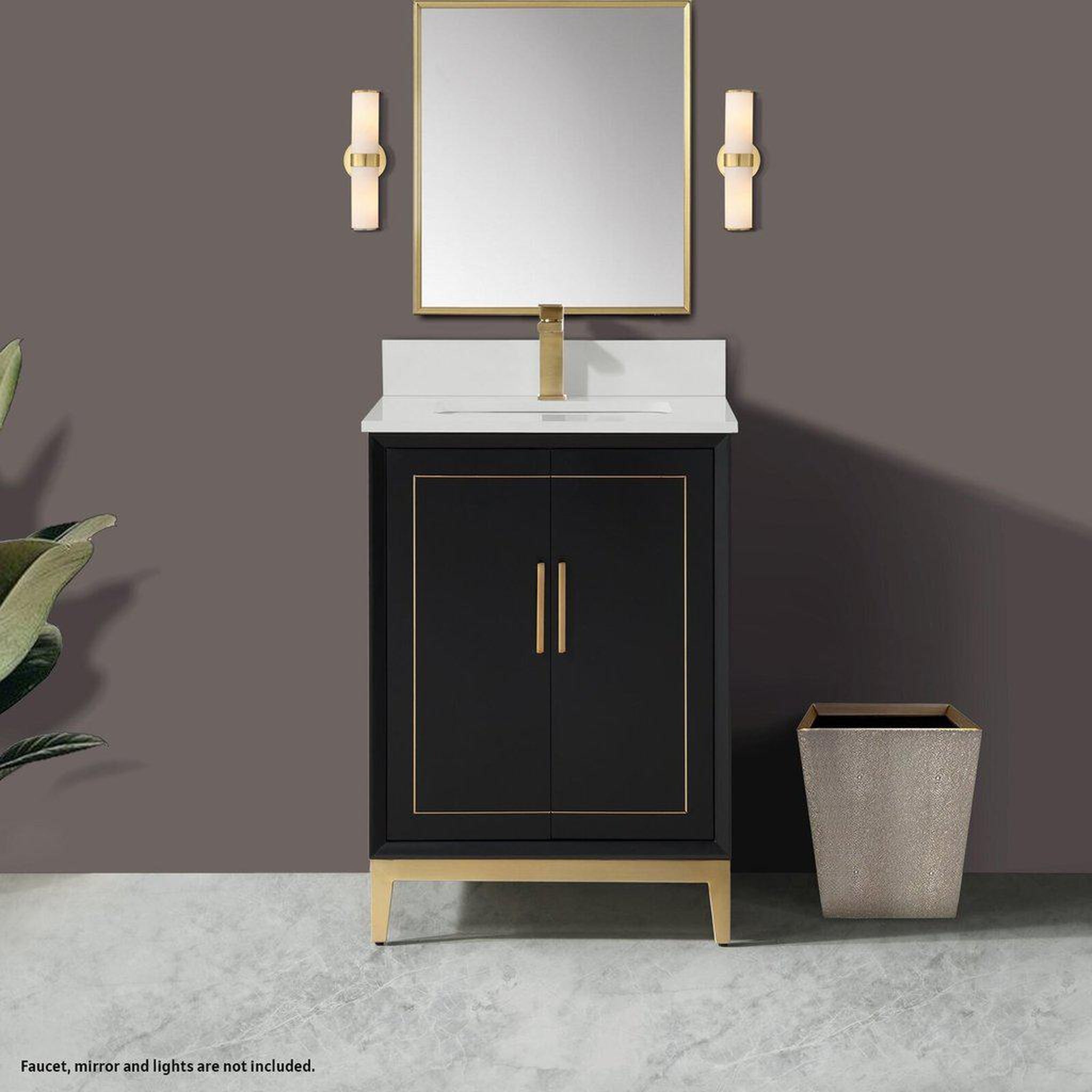 Bemma Design, Bemma Design Gracie 24" Midnight Black Solid Wood Freestanding Bathroom Vanity With Single 1-Hole White Quartz Vanity Top, Rectangle Undermount Sink, Backsplash and Satin Brass Trim