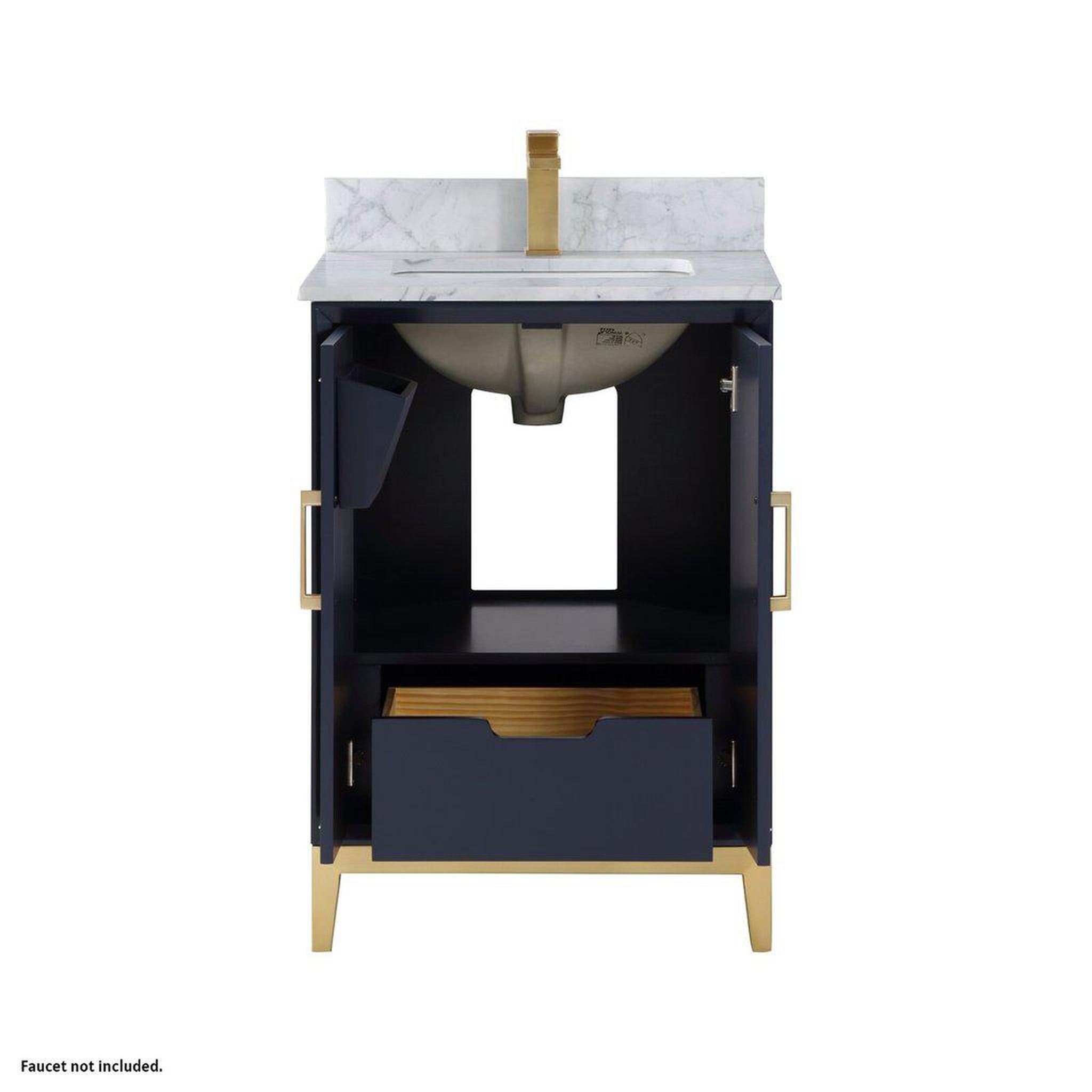 Bemma Design, Bemma Design Gracie 24" Pacific Blue Solid Wood Freestanding Bathroom Vanity With Single 1-Hole Italian Carra Marble Vanity Top, Rectangle Undermount Sink, Backsplash and Satin Brass Trim