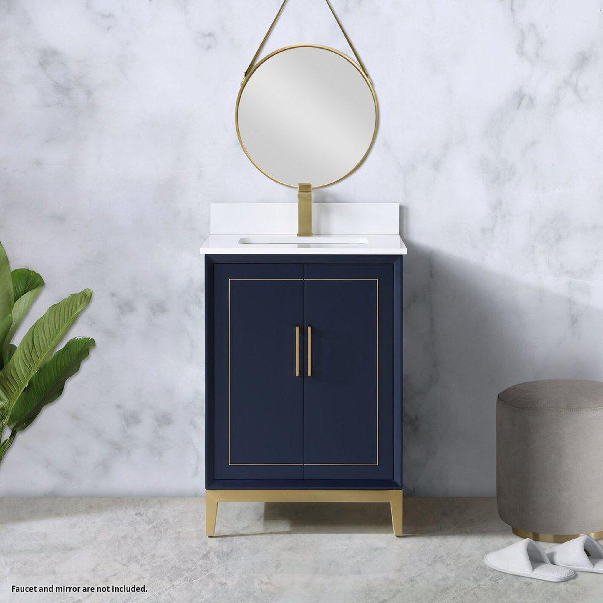 Bemma Design, Bemma Design Gracie 24" Pacific Blue Solid Wood Freestanding Bathroom Vanity With Single 1-Hole White Quartz Vanity Top, Rectangle Undermount Sink, Backsplash and Satin Brass Trim