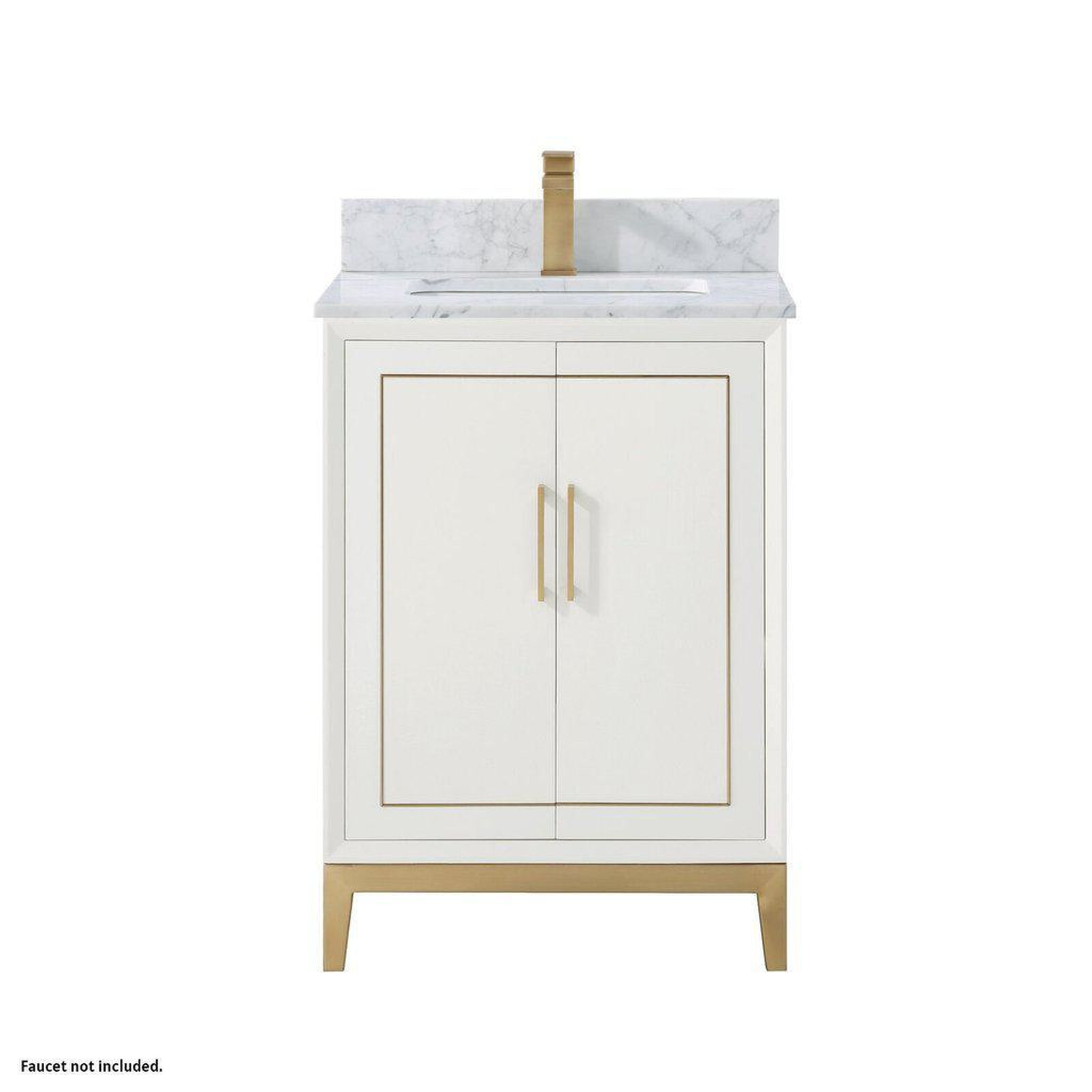 Bemma Design, Bemma Design Gracie 24" Satin White Solid Wood Freestanding Bathroom Vanity With Single 1-Hole Italian Carra Marble Vanity Top, Rectangle Undermount Sink, Backsplash and Satin Brass Trim