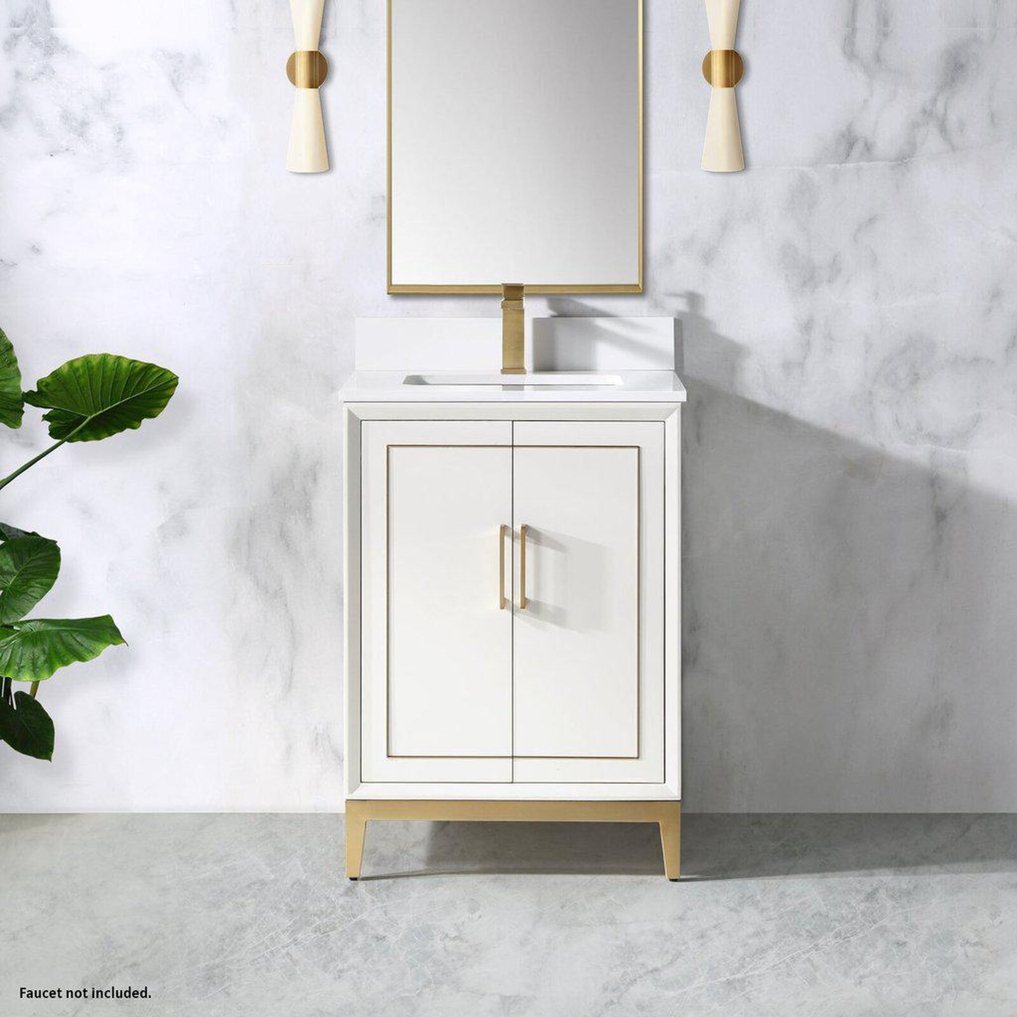 Bemma Design, Bemma Design Gracie 24" Satin White Solid Wood Freestanding Bathroom Vanity With Single 1-Hole White Quartz Vanity Top, Rectangle Undermount Sink, Backsplash and Satin Brass Trim