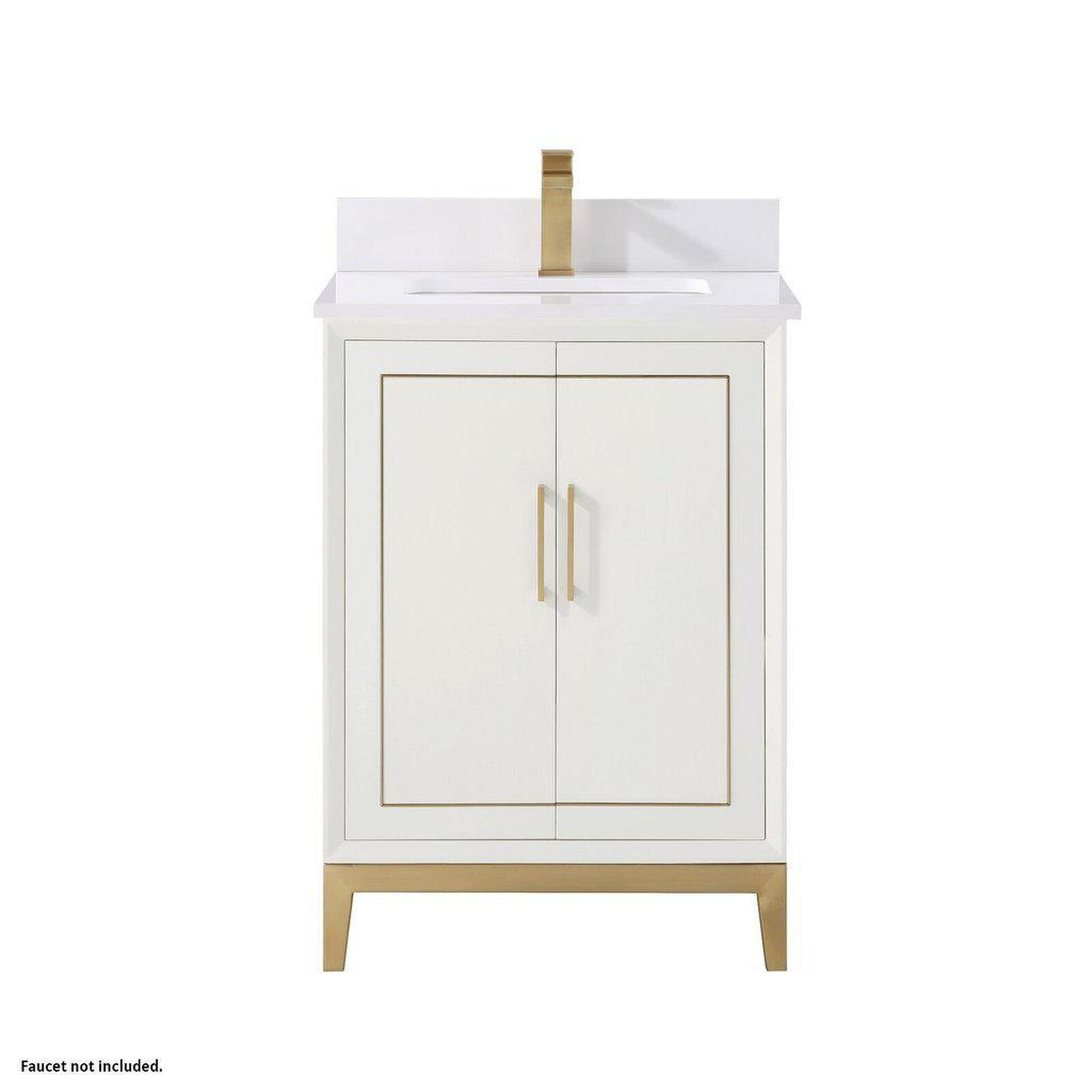 Bemma Design, Bemma Design Gracie 24" Satin White Solid Wood Freestanding Bathroom Vanity With Single 1-Hole White Quartz Vanity Top, Rectangle Undermount Sink, Backsplash and Satin Brass Trim