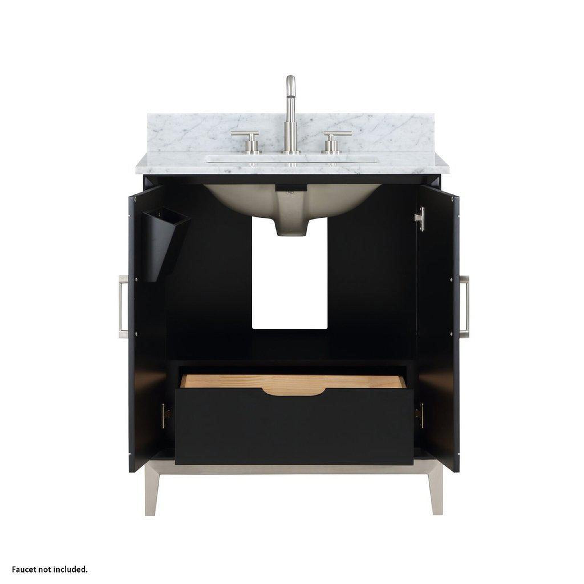 Bemma Design, Bemma Design Gracie 30" Midnight Black Solid Wood Freestanding Bathroom Vanity With Single 3-Hole Italian Carra Marble Vanity Top, Rectangle Undermount Sink, Backsplash and Brushed Nickel Trim